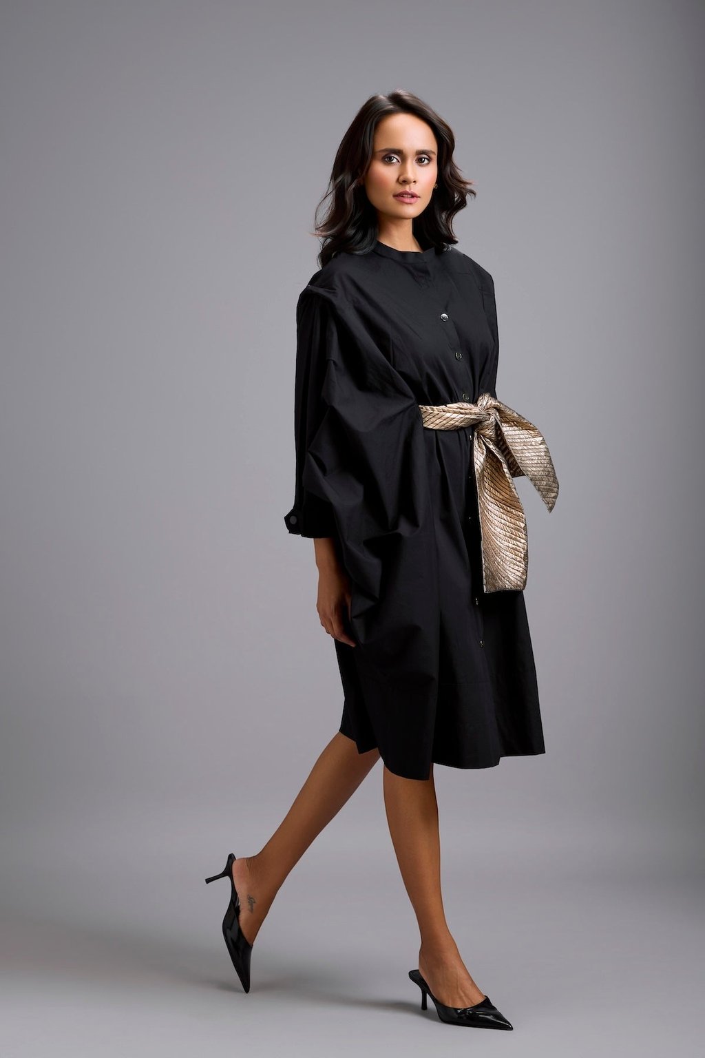 Button-Down Midi Dress with Bow Belt