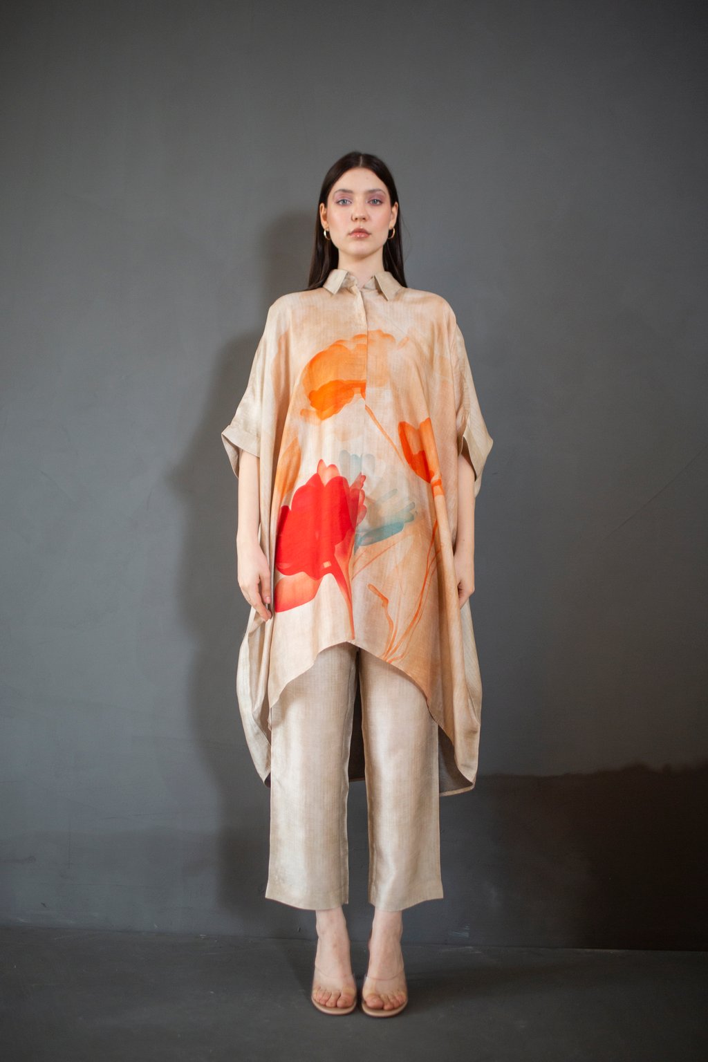 Beige High Low Kaftan Set