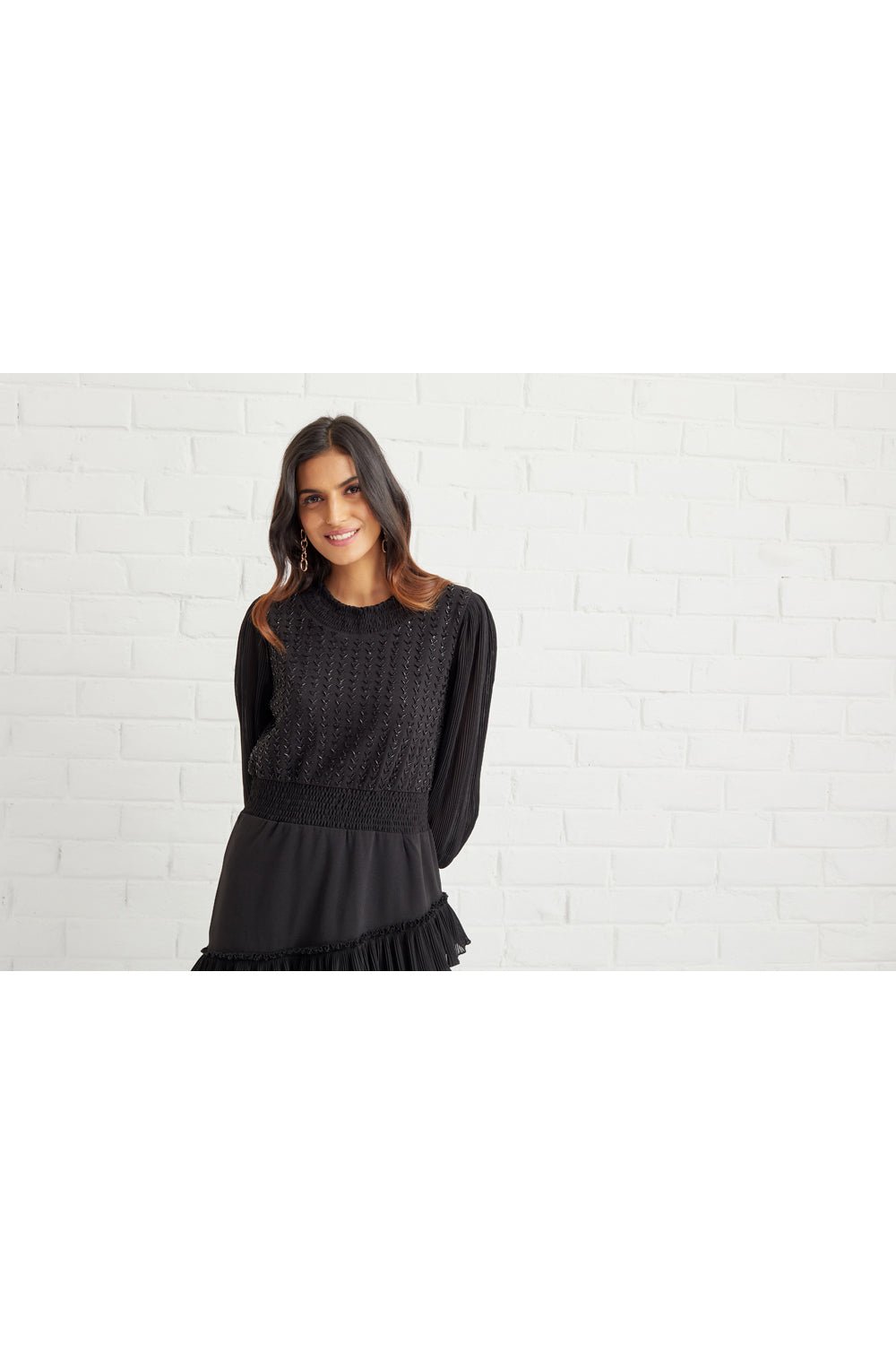 Hand Embellished Asymmetrical Pleated Ruffle Dress