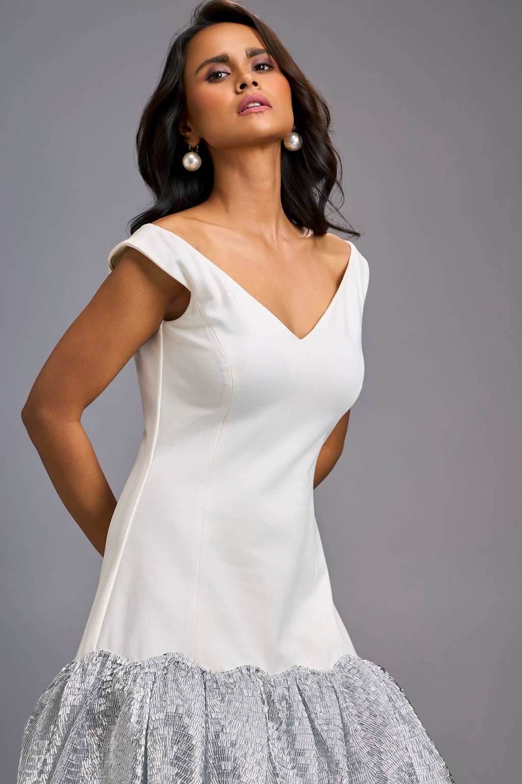 Off-Shoulder White Dress with Shimmer Ruffles