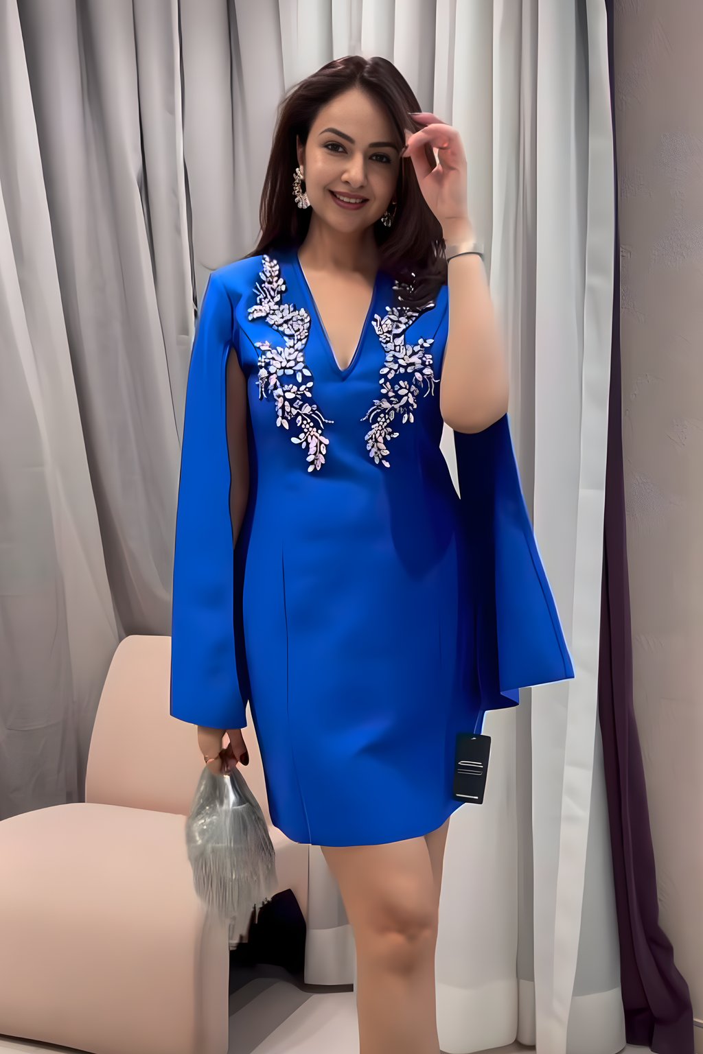 Bandage Form Fitting Cape Sleeve Embellished Mini Dress