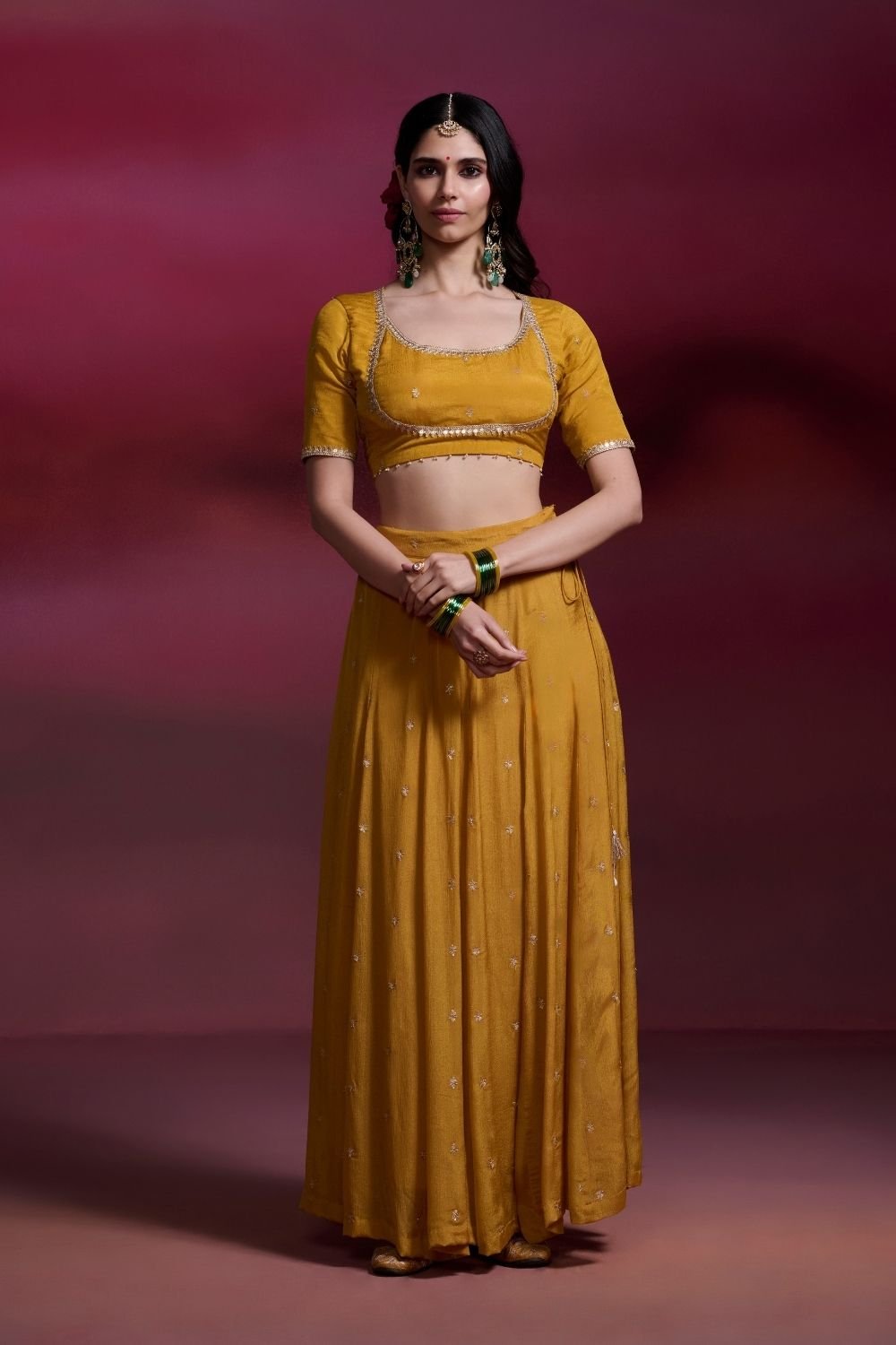 Kalindi Mustard Embroidered Viscose Lehenga Set