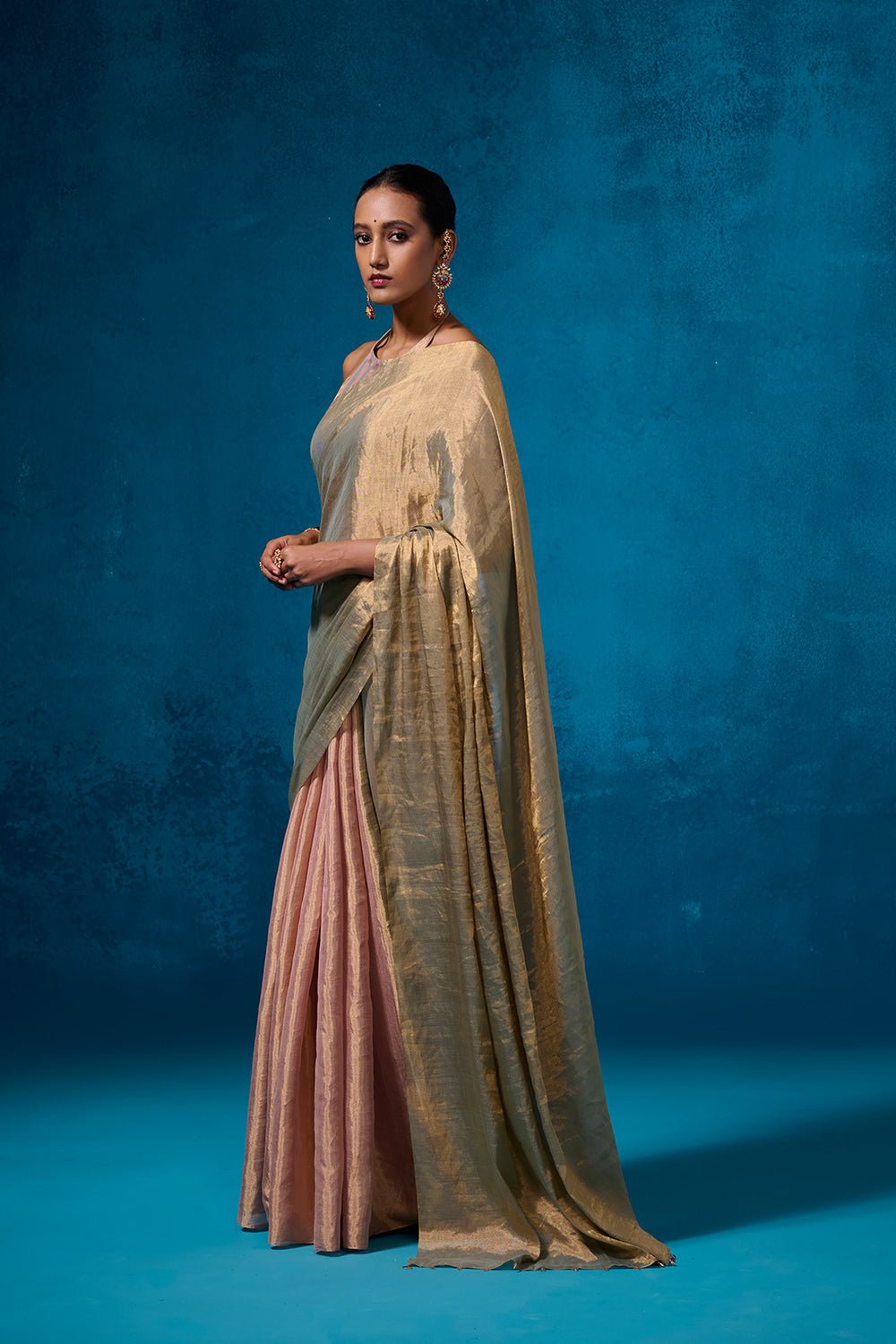 Farozaan Tissue Fabric Peach & Green Sarees