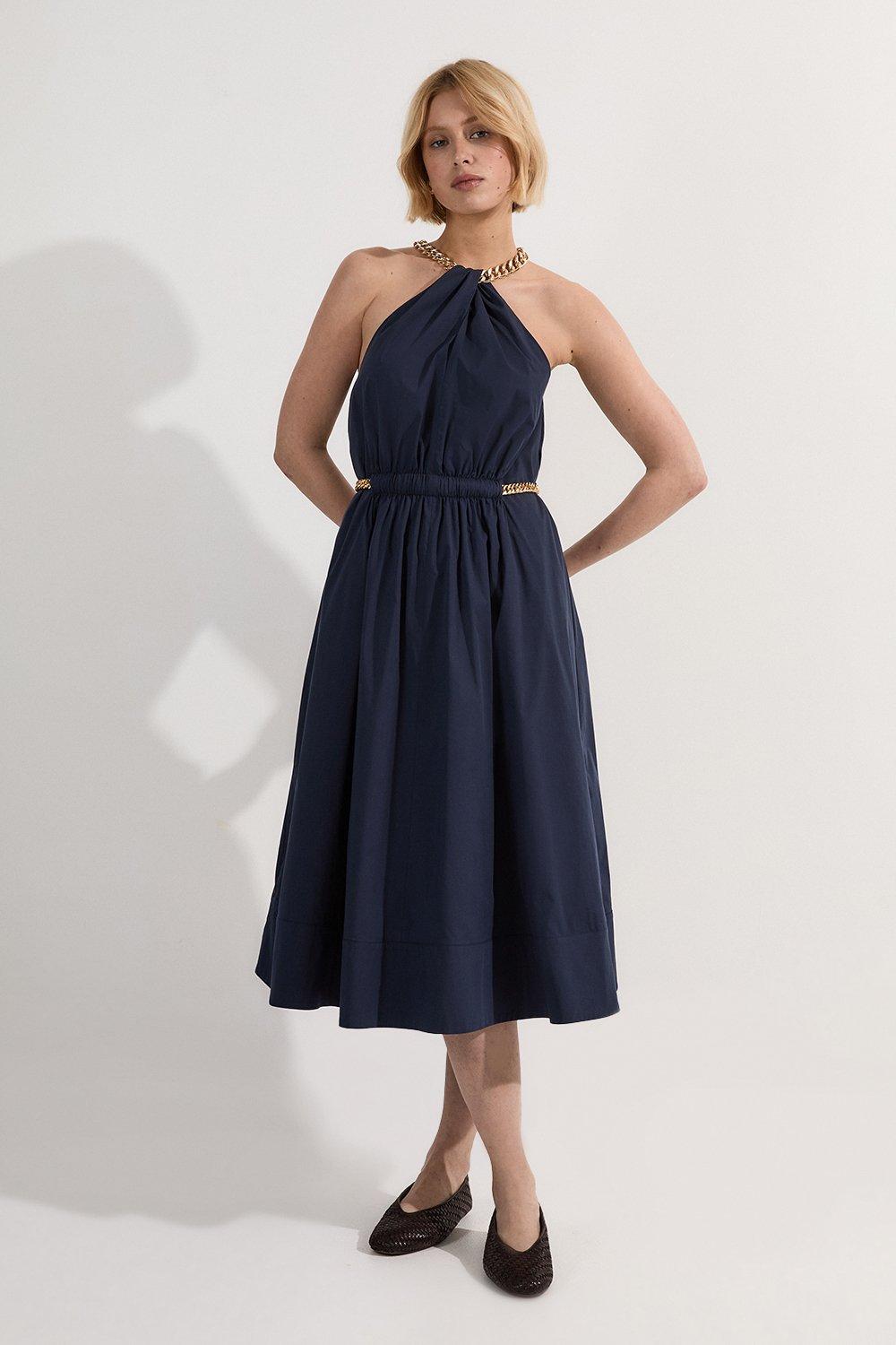 Cotton Poplin Chain Halter Woven Midi Dress