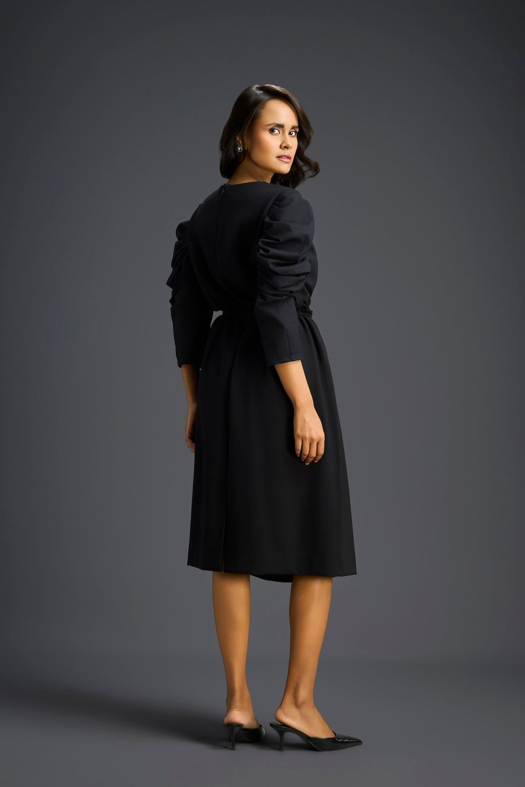 Black Midriff Cut-Out Floral Embroidered Dress