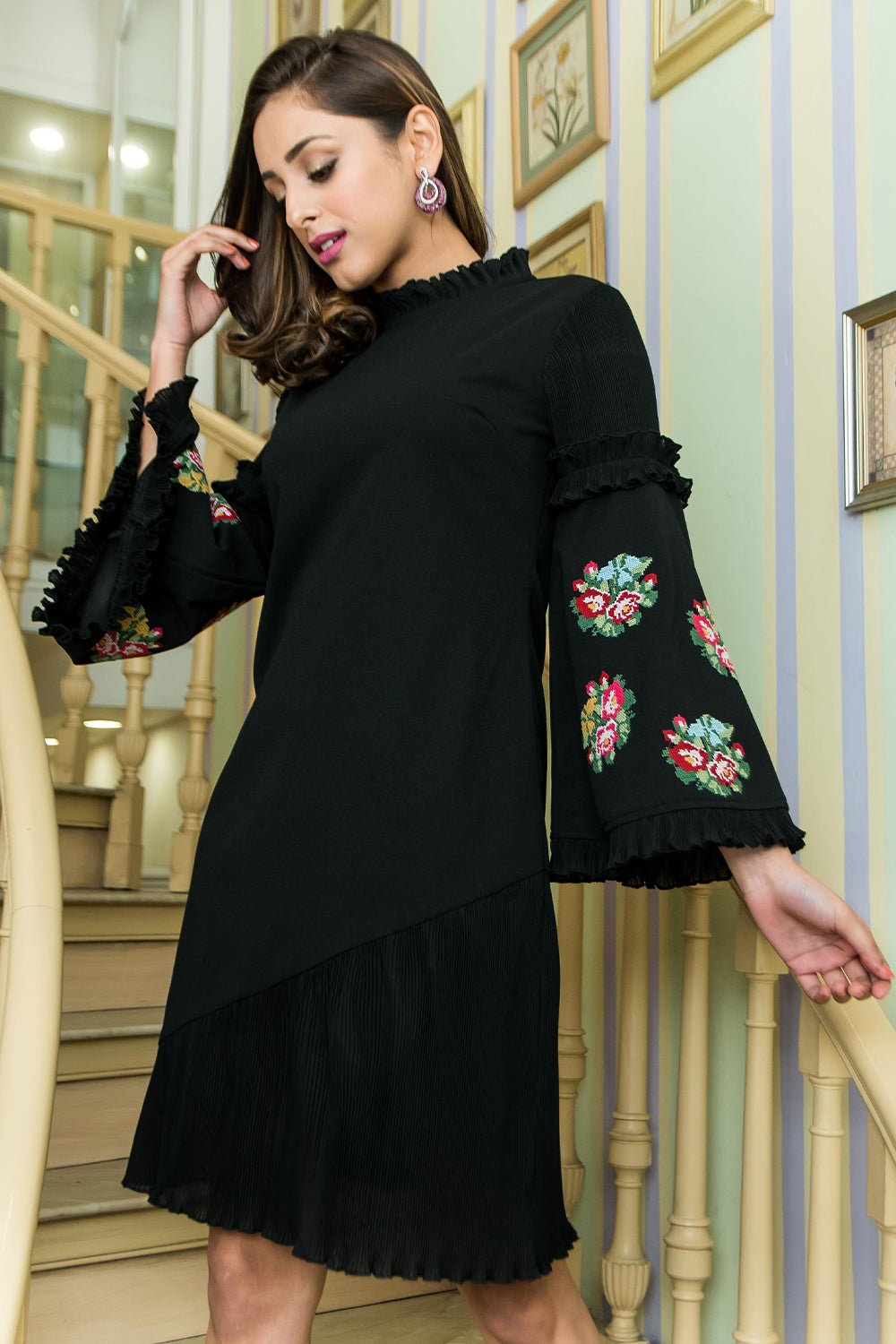 Embroidered Floral Bloom Dress with Delicate Pleats