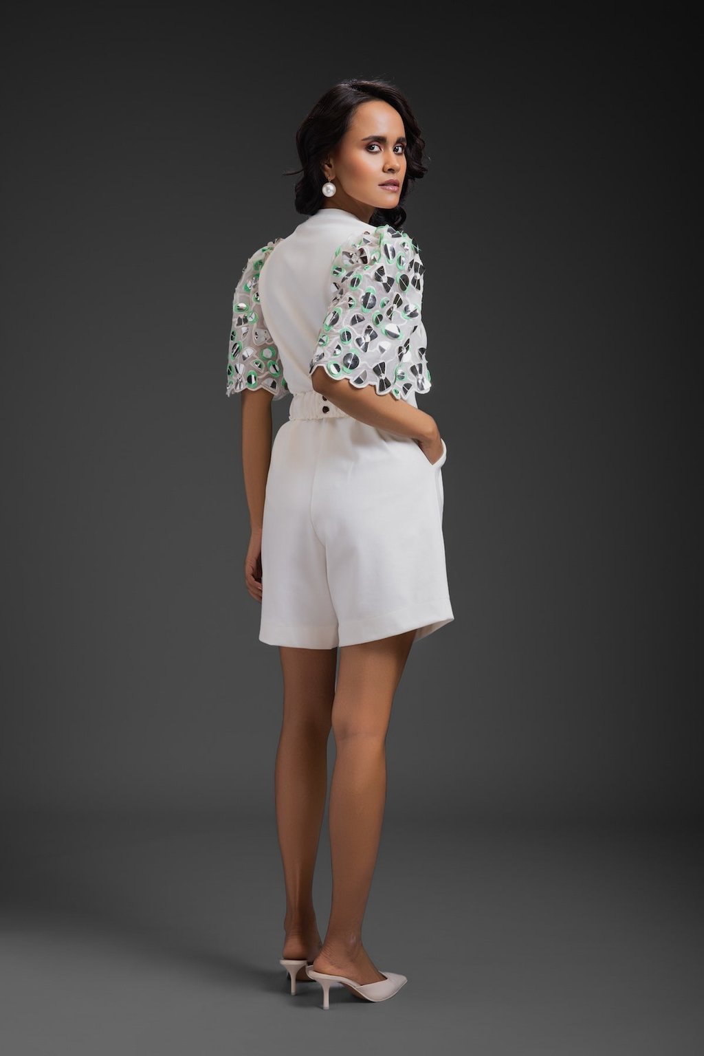 Playsuit with Neon Metallic Sleeve Detail and Belt