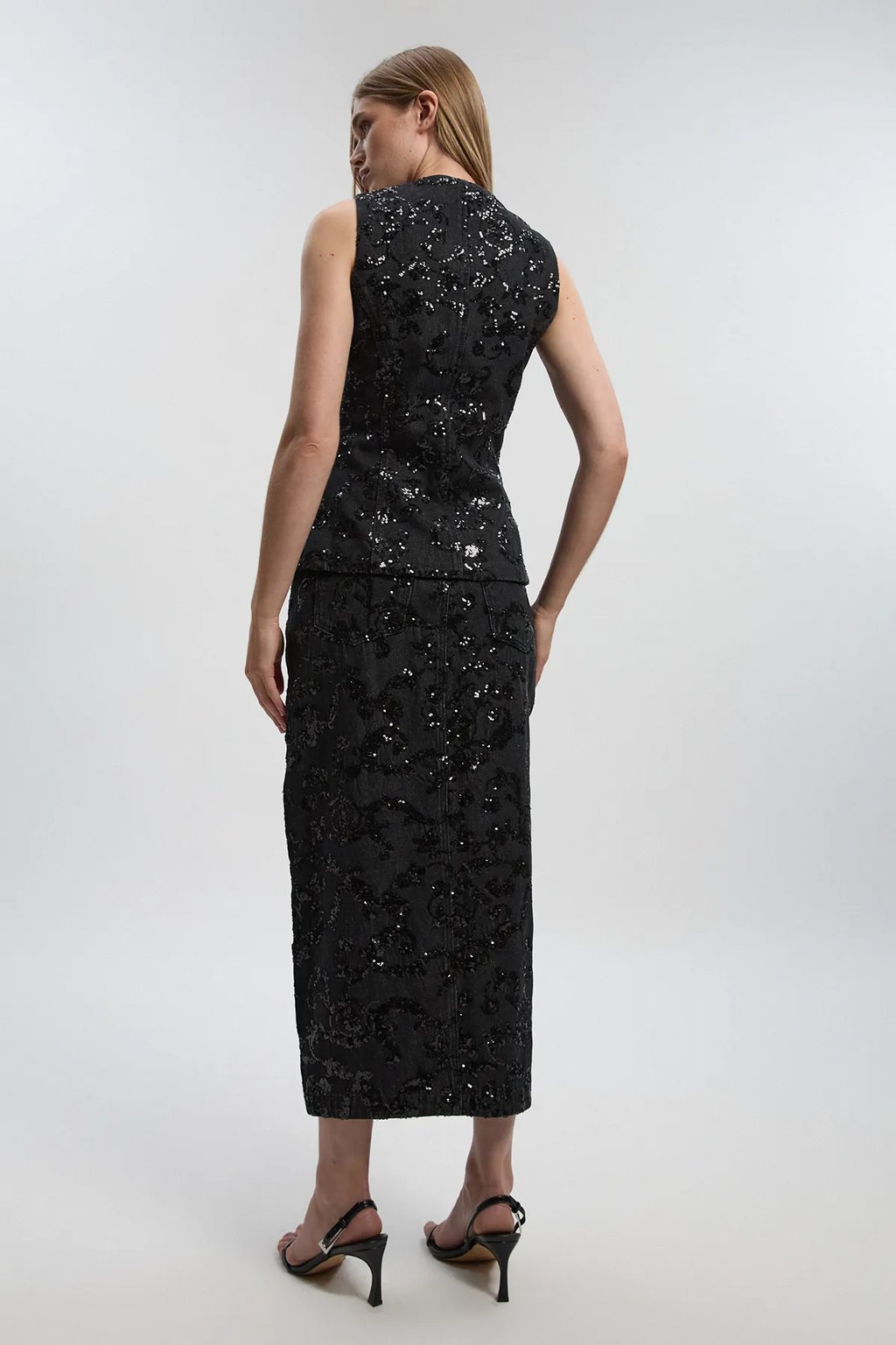 Sequin Denim Pencil Skirt