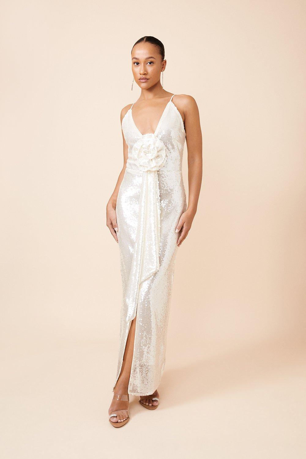 Sequin Rosette Plunge Woven Maxi Dress