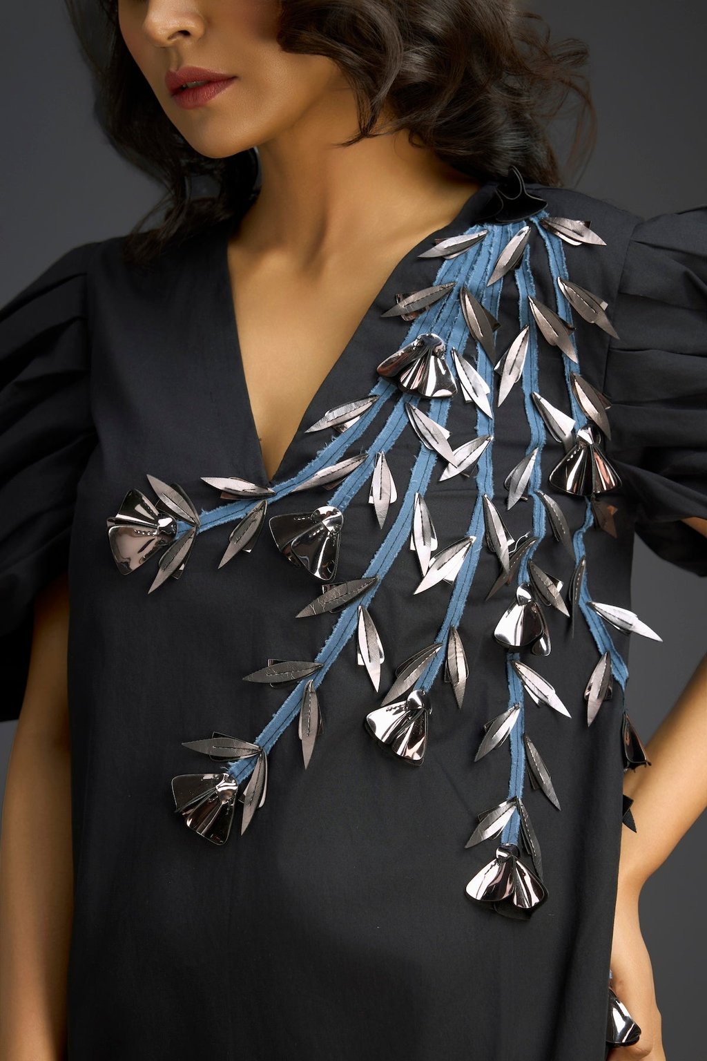 Black Ruffle Hem Floral Embroidered Dress