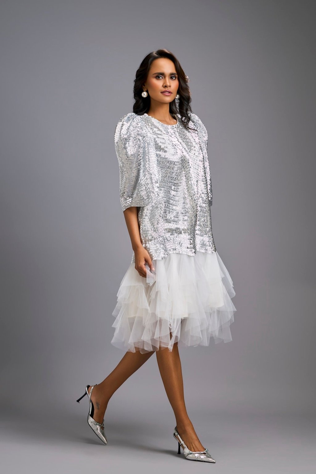 White Shimmer Dress with Puff Sleeves & Tulle Hem
