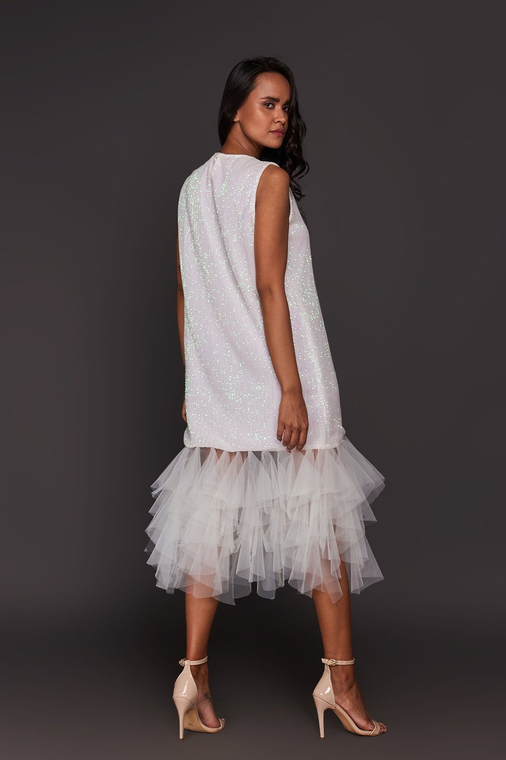 Sequin Shift Dress with Net Ruffled Bottom