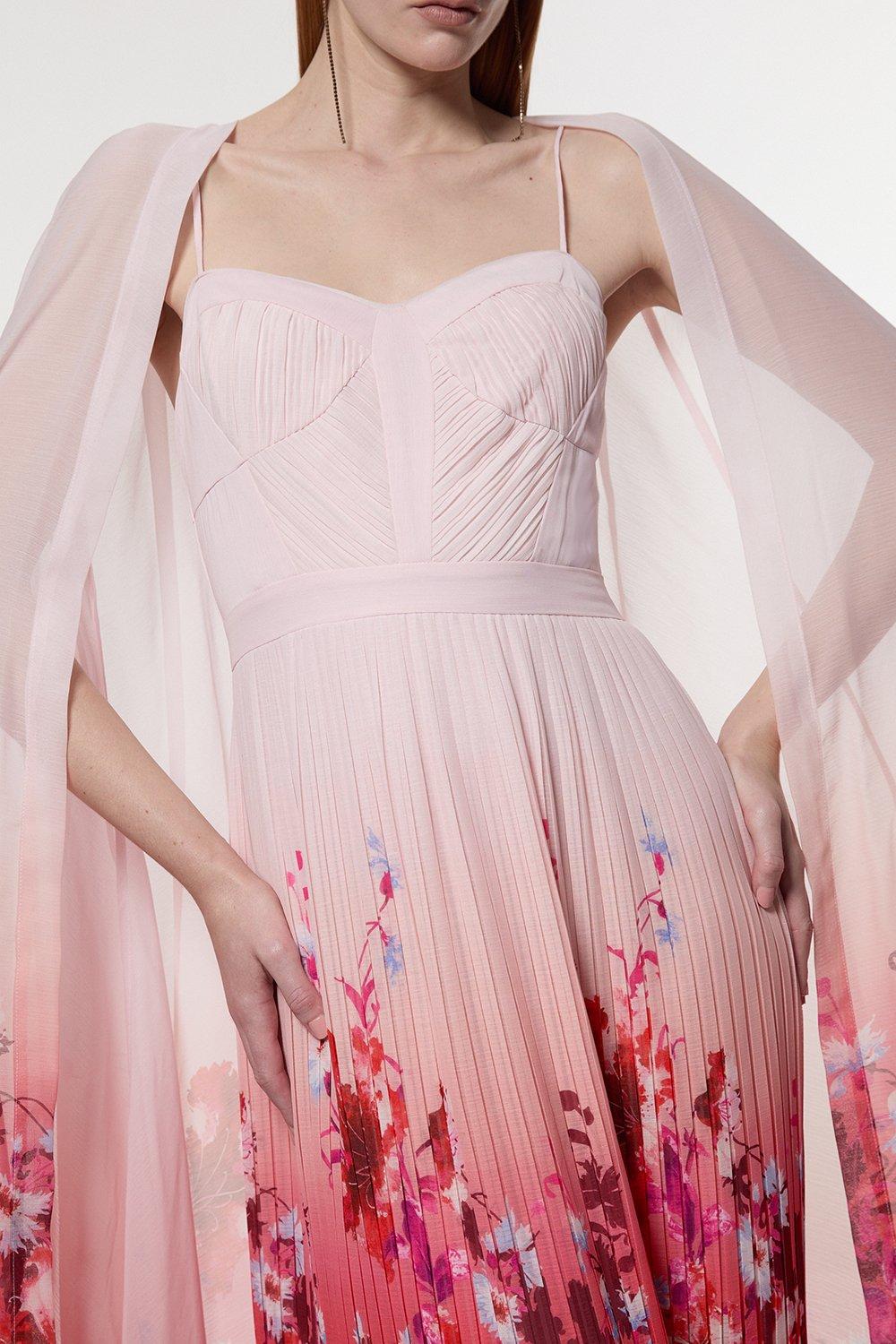 Scattered Floral Print Woven Pleated Cape Maxi Dress