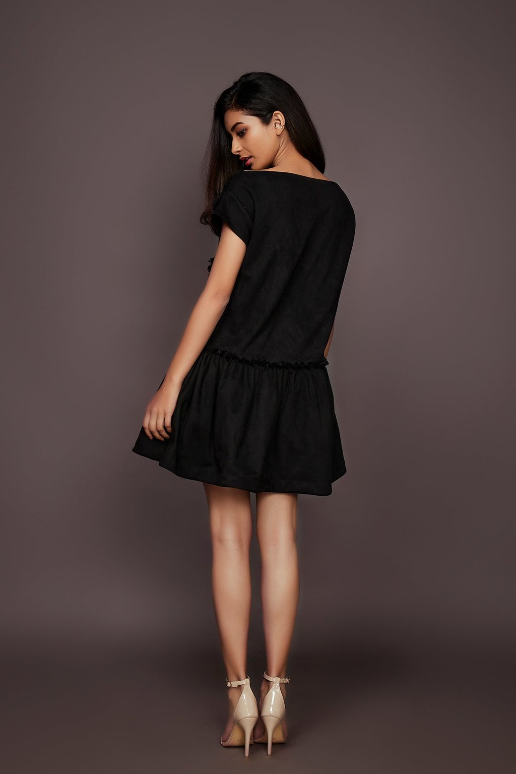 Black Suede Embroidered Short Dress