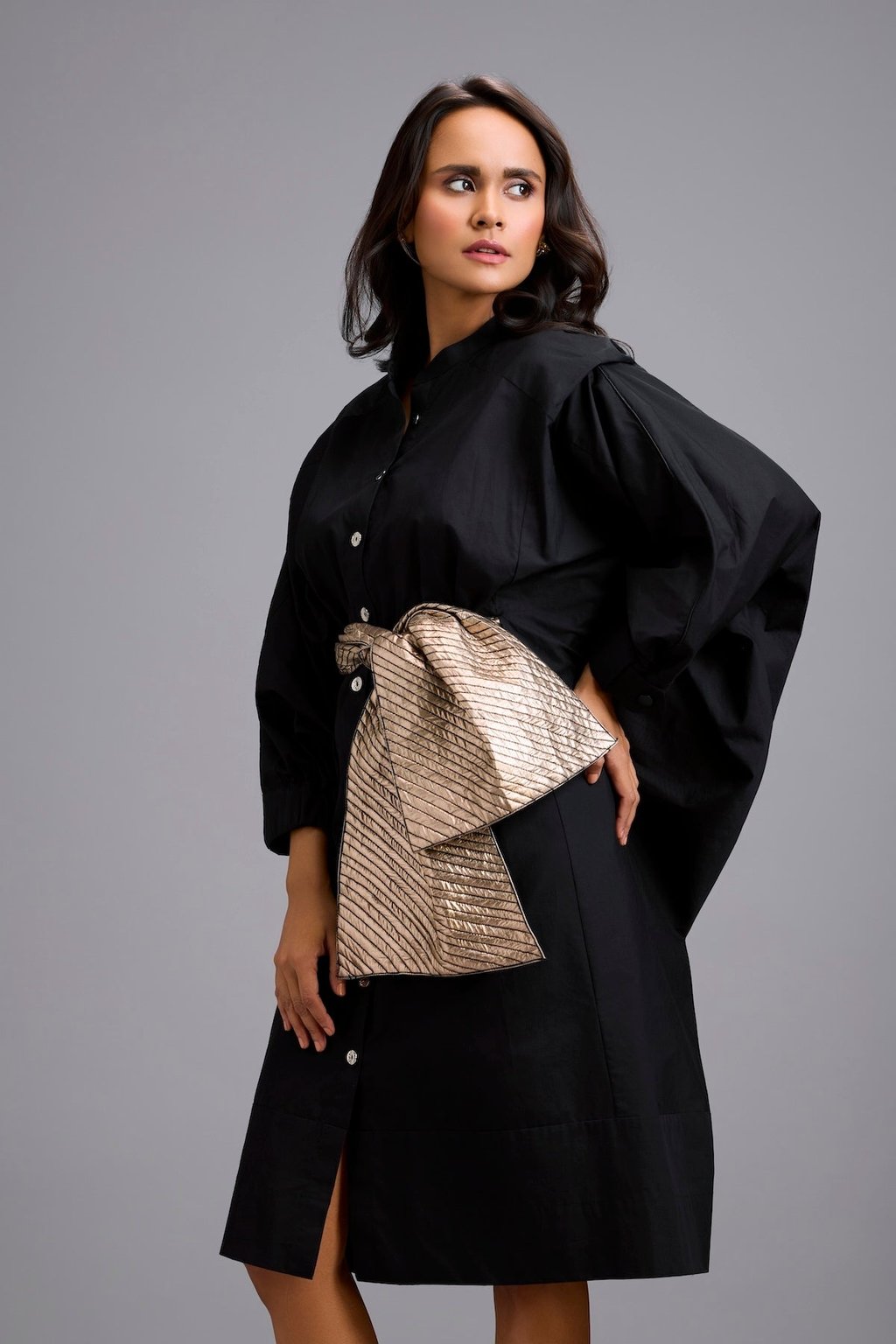Button-Down Midi Dress with Bow Belt