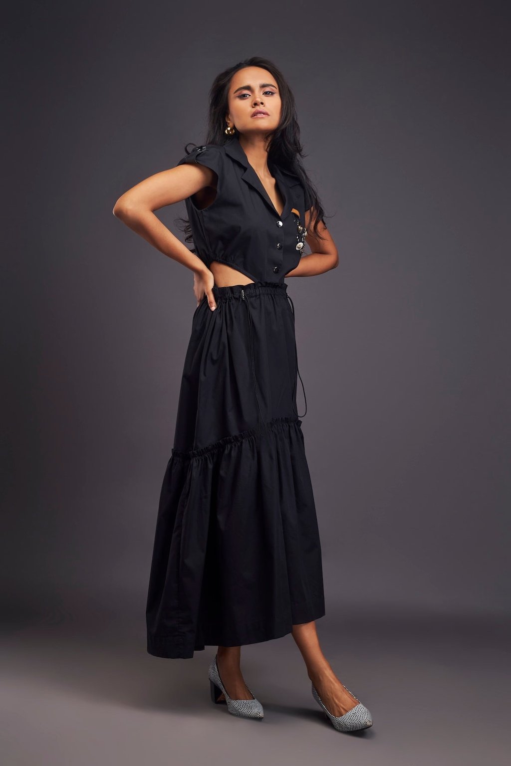 Lapel Collar Long Dress with Side Cutouts Black