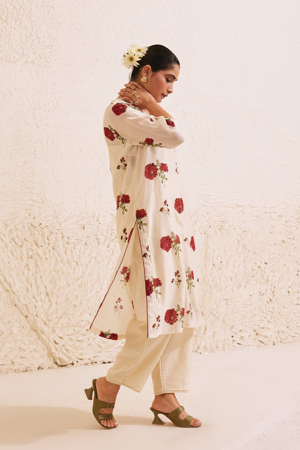 Ivory Chanderi  Hand Block Floral Print Kurta Set