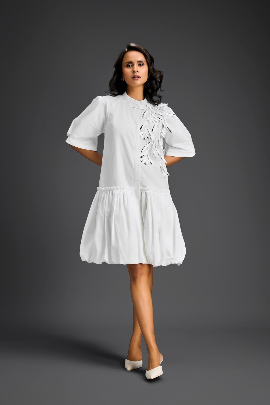 3d Floral Embellished Puff Sleeve Dress