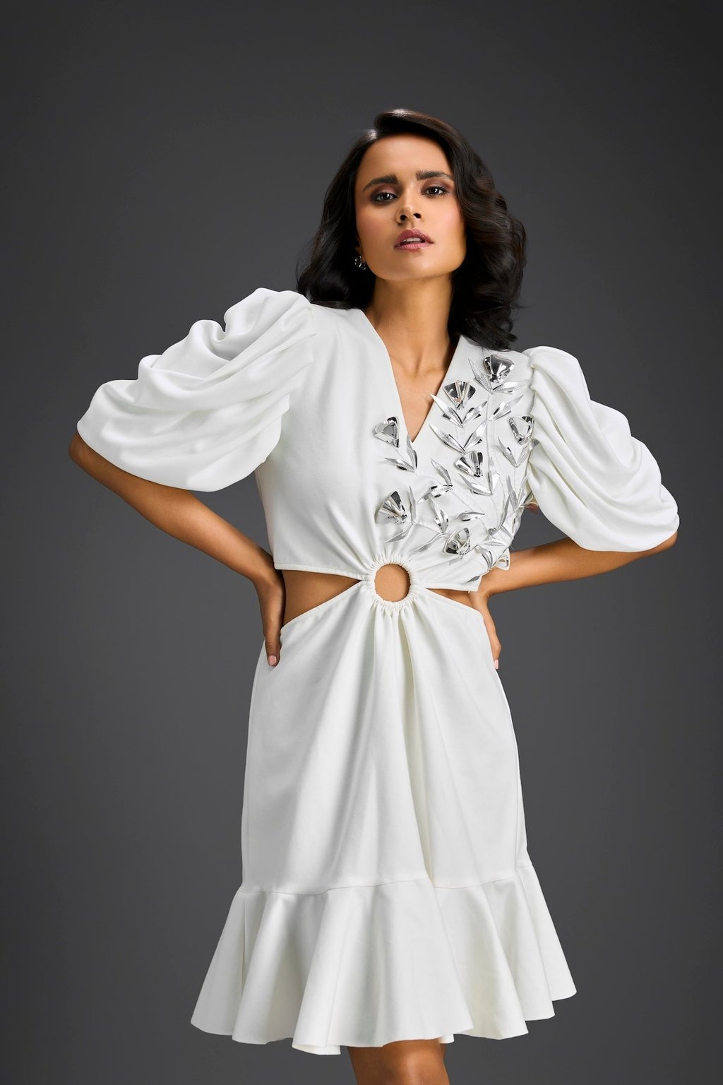 White V-Neck Cut-Out Embroidered Dress