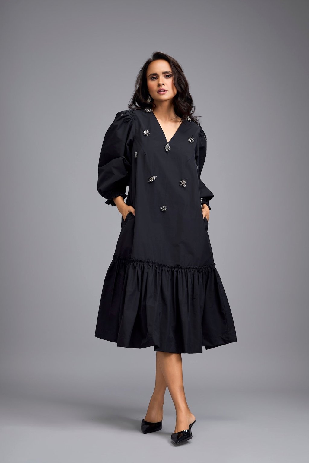 Long Gathered Hem Embellished Dress
