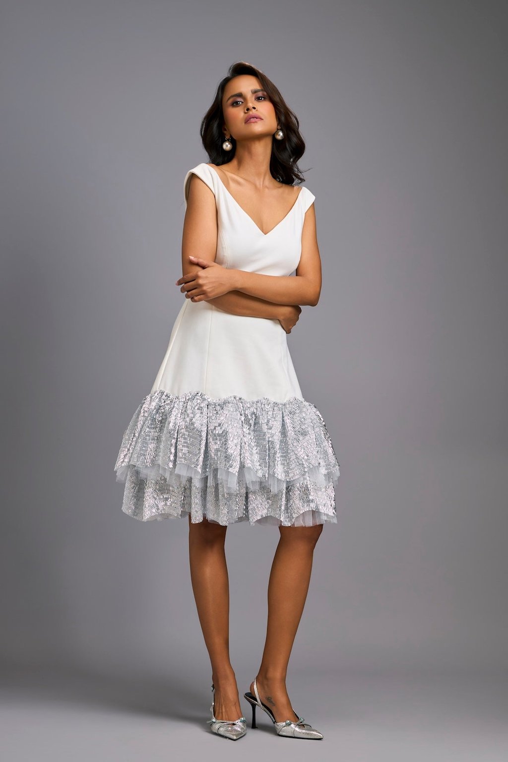 Off-Shoulder White Dress with Shimmer Ruffles