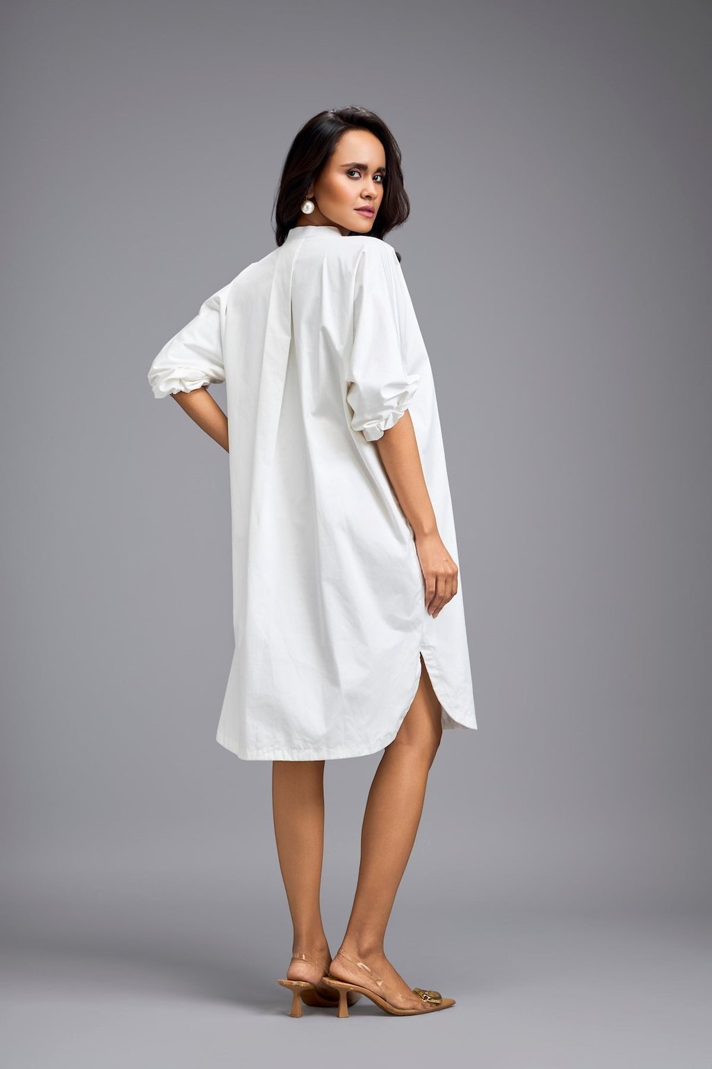 White Oversize Shirt Dress with Embellished Pocket