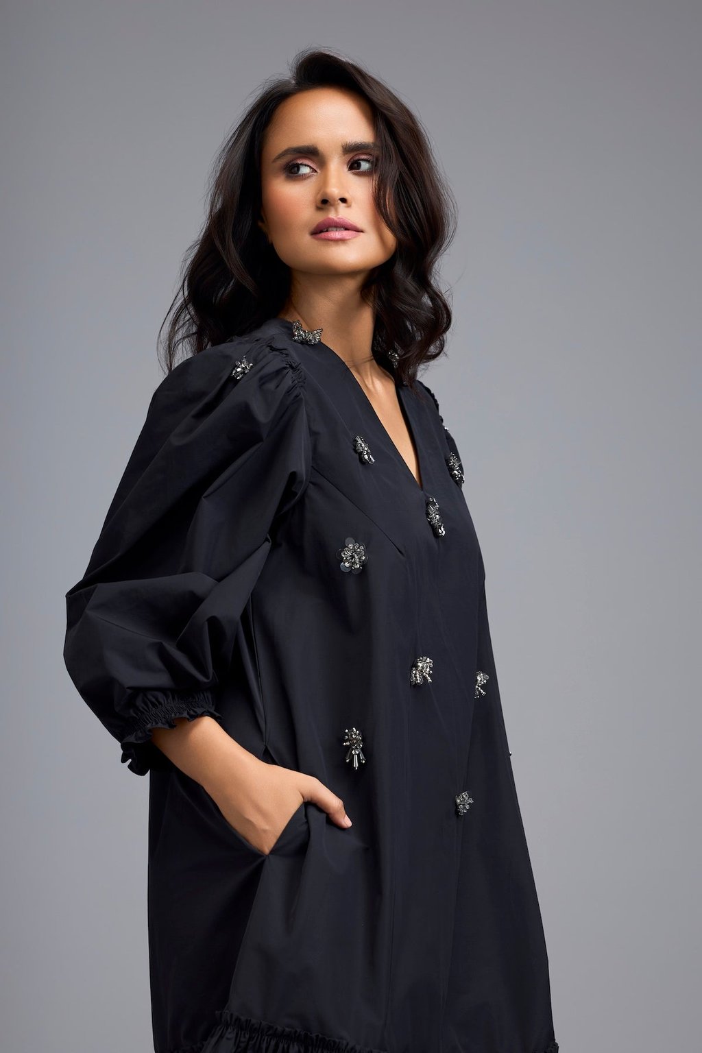 Long Gathered Hem Embellished Dress