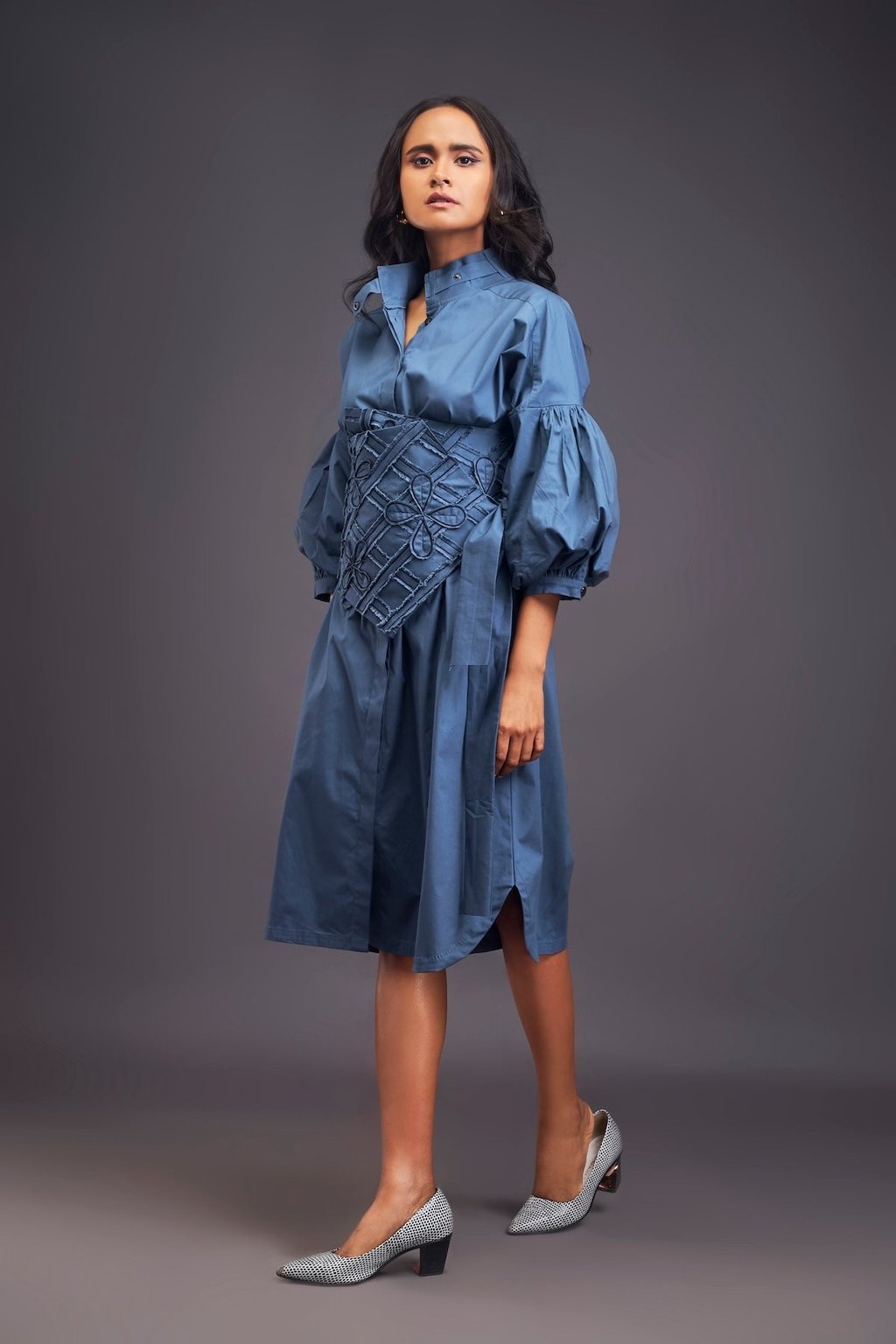 Shirt Dress with Applique Corset Style Tie up Belt