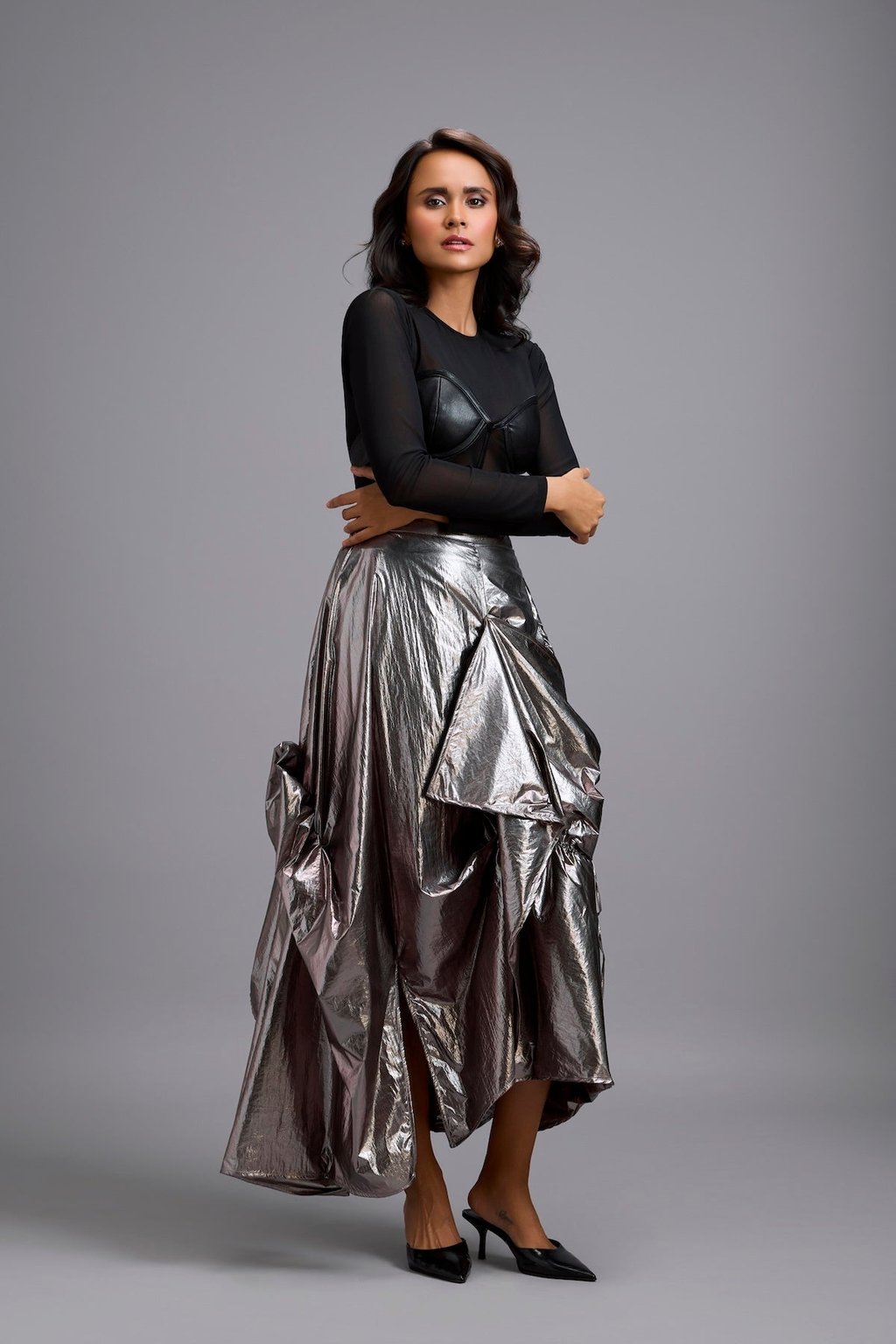 Metallic Gunmetal Maxi Skirt