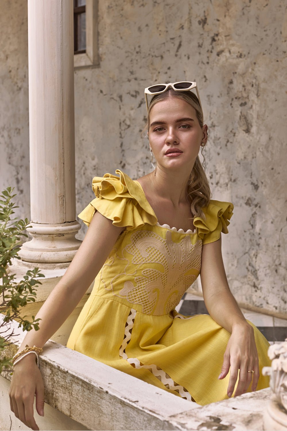 Flutter Sleeve and Honeycomb Embroidered Dress