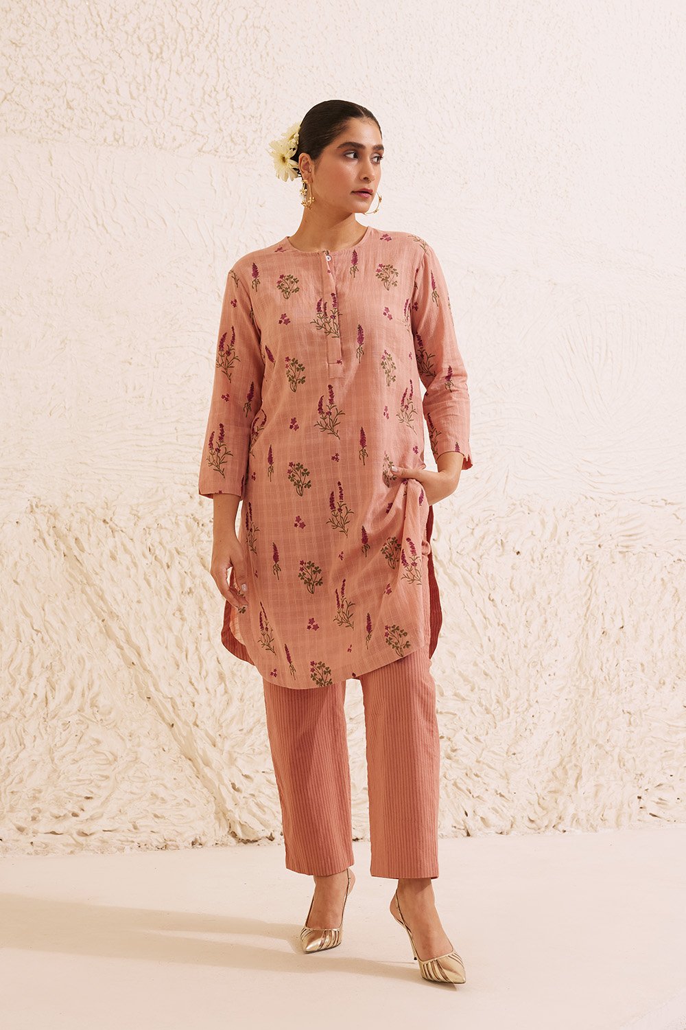 Pink Cotton Hand Block Floral Kurta Set