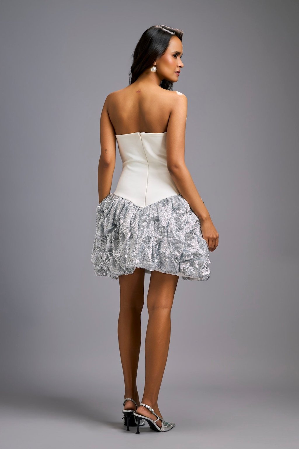 Strapless White Dress with Shimmer Ruched Bottom