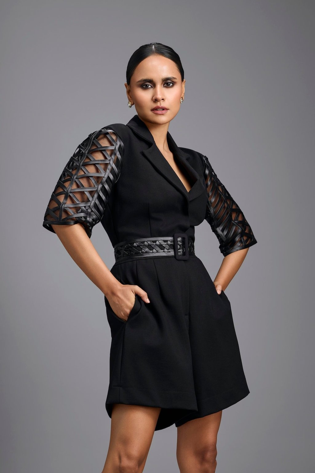 Playsuit with Woven Belt & Mesh Sleeves