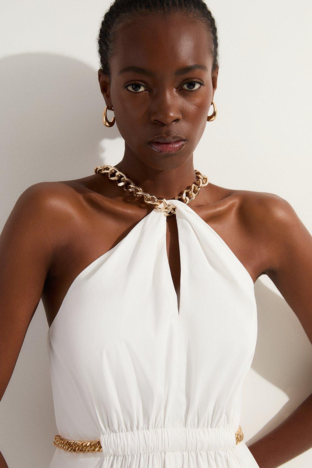 Cotton Poplin Chain Halter Woven Midi Dress