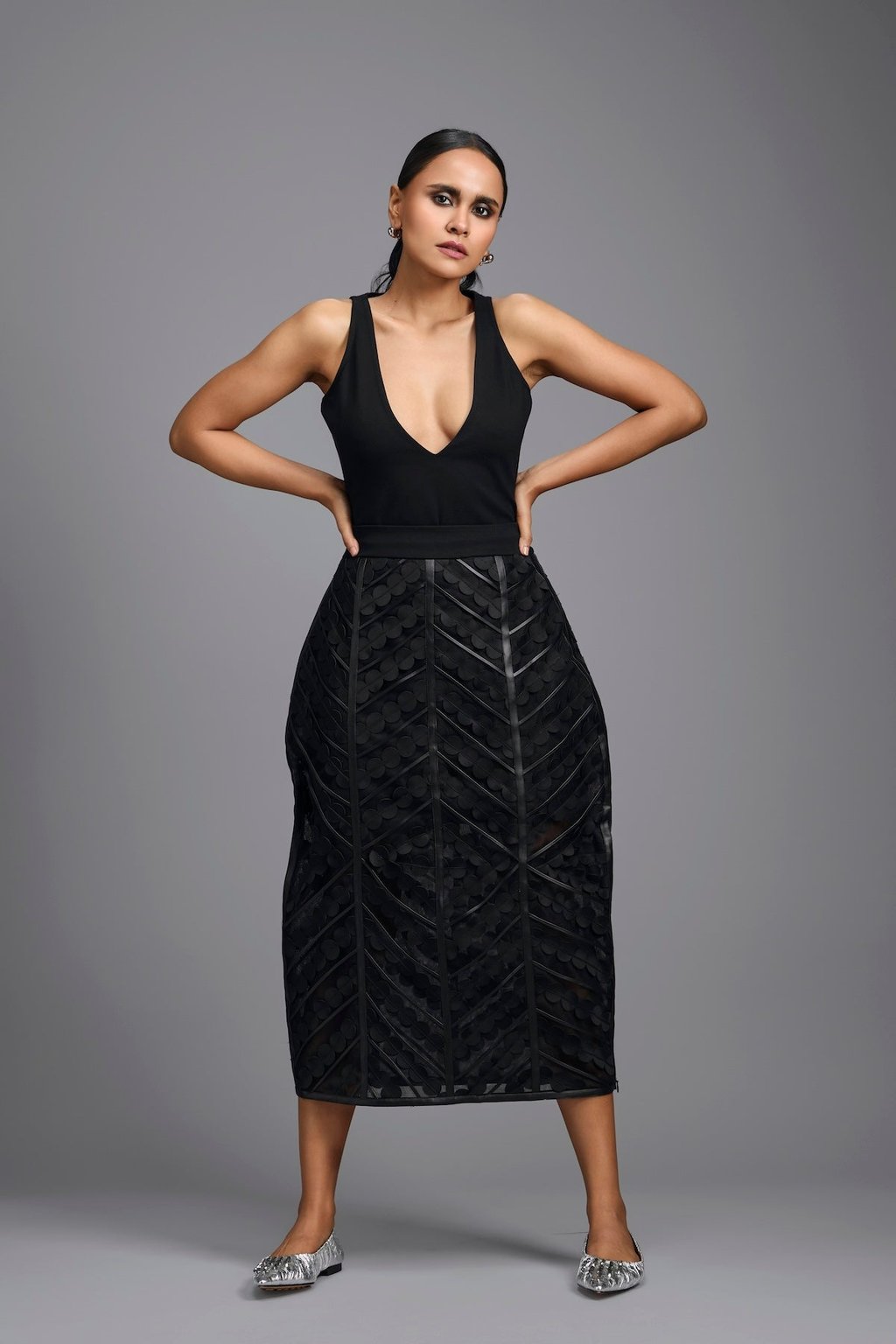 Midi Skirt with Geometric Panels