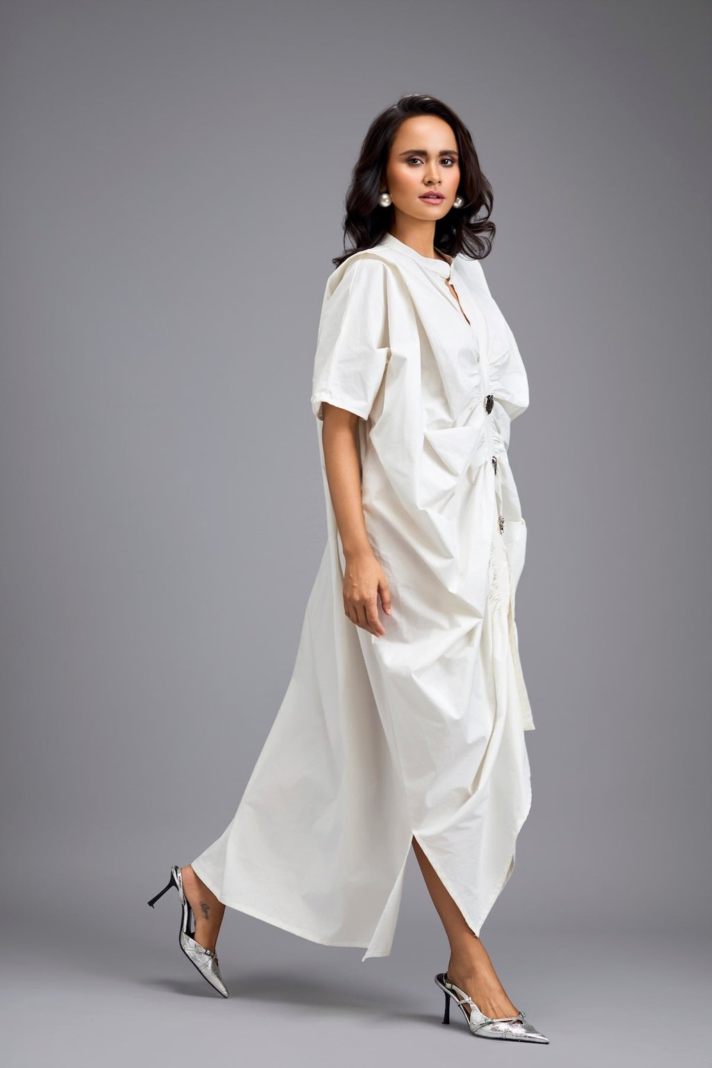 White Draped Kaftan Sleeve Dress with Gold Button