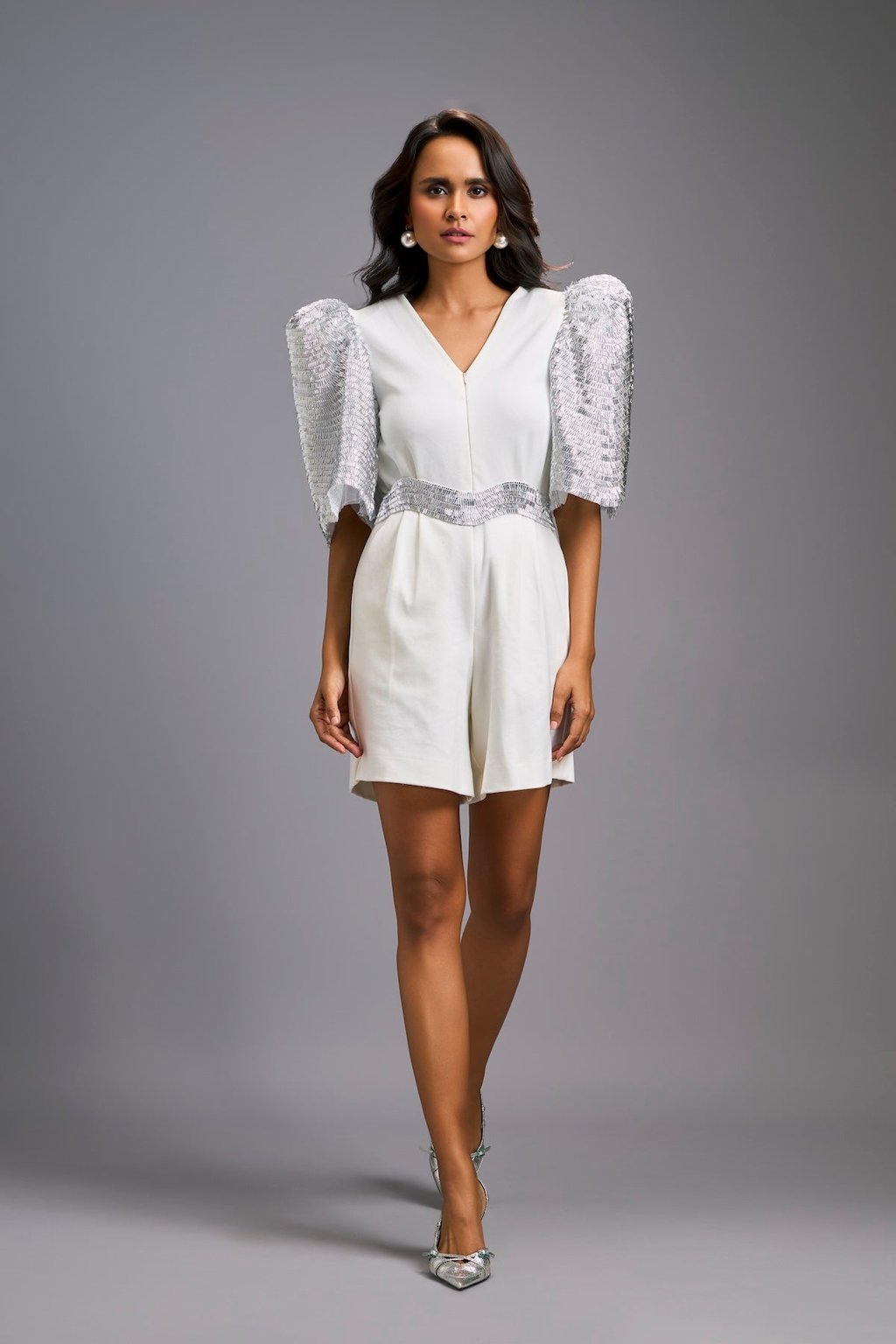 V-Neck Playsuit with Shimmer Belt