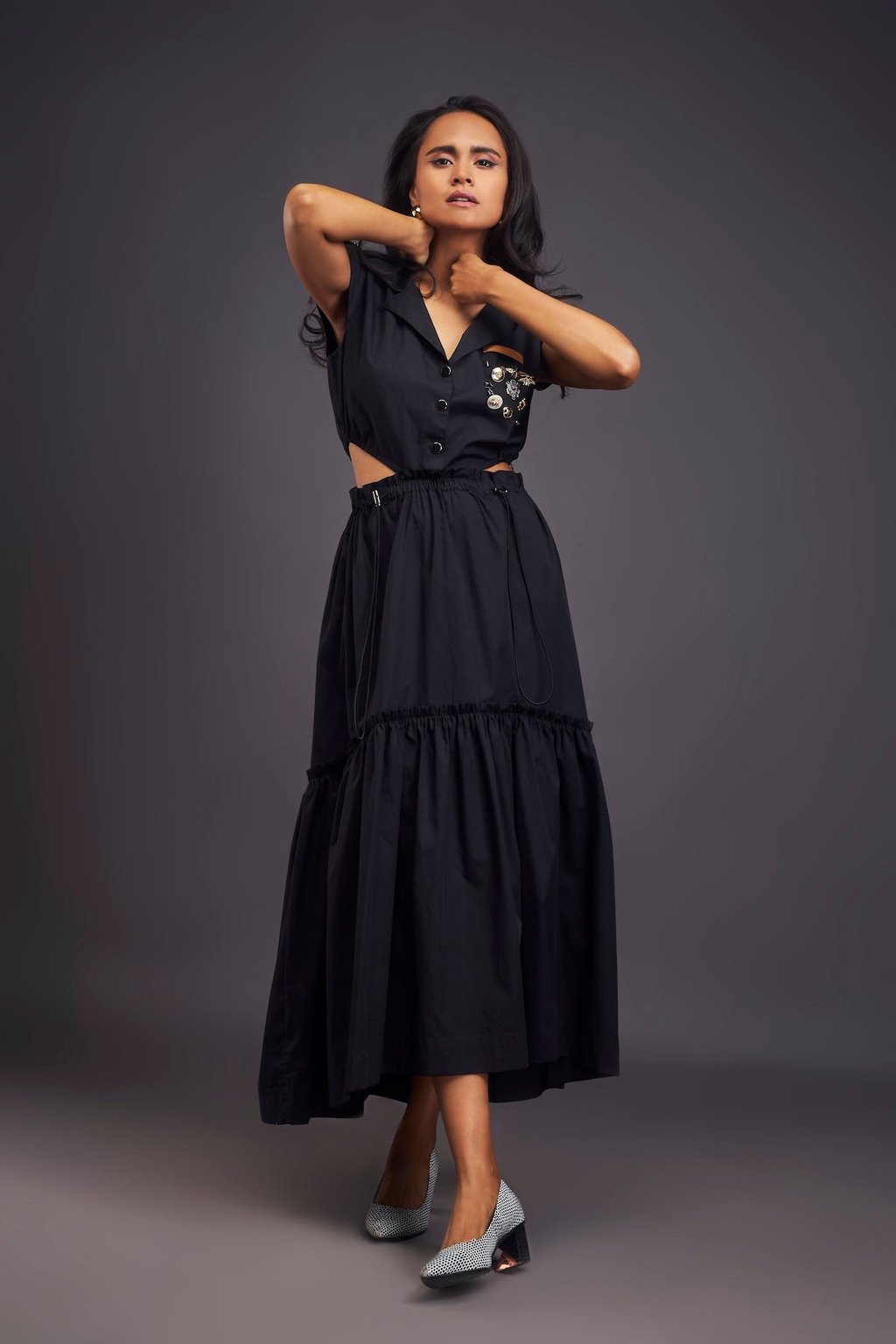 Lapel Collar Long Dress with Side Cutouts Black