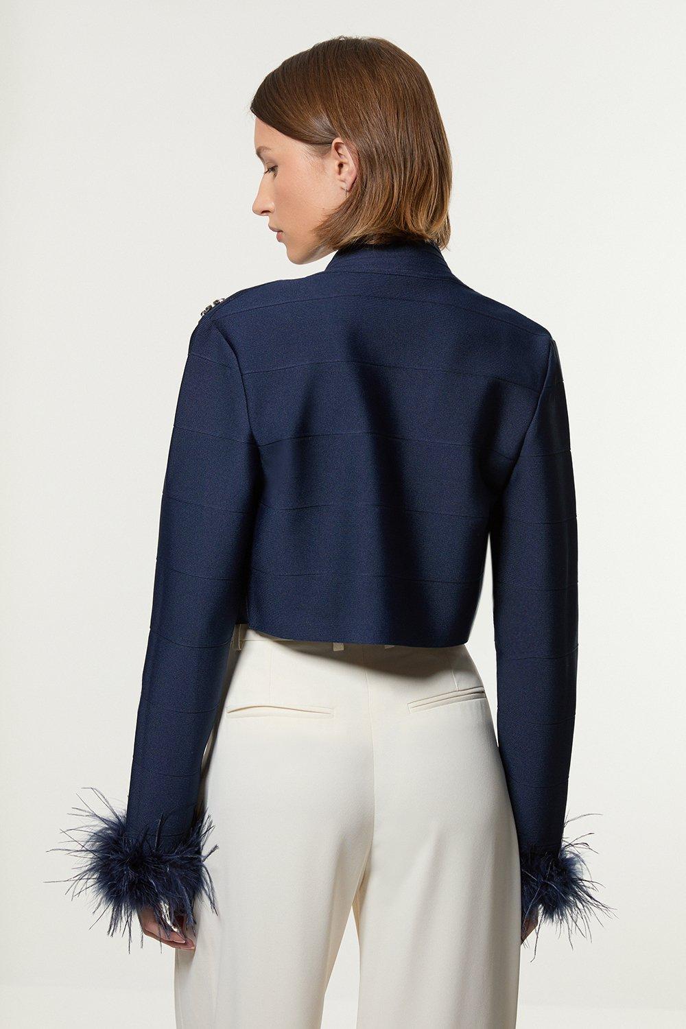 Figure Form Bandage Embellished Feather Cuff Crop Knit Jacket