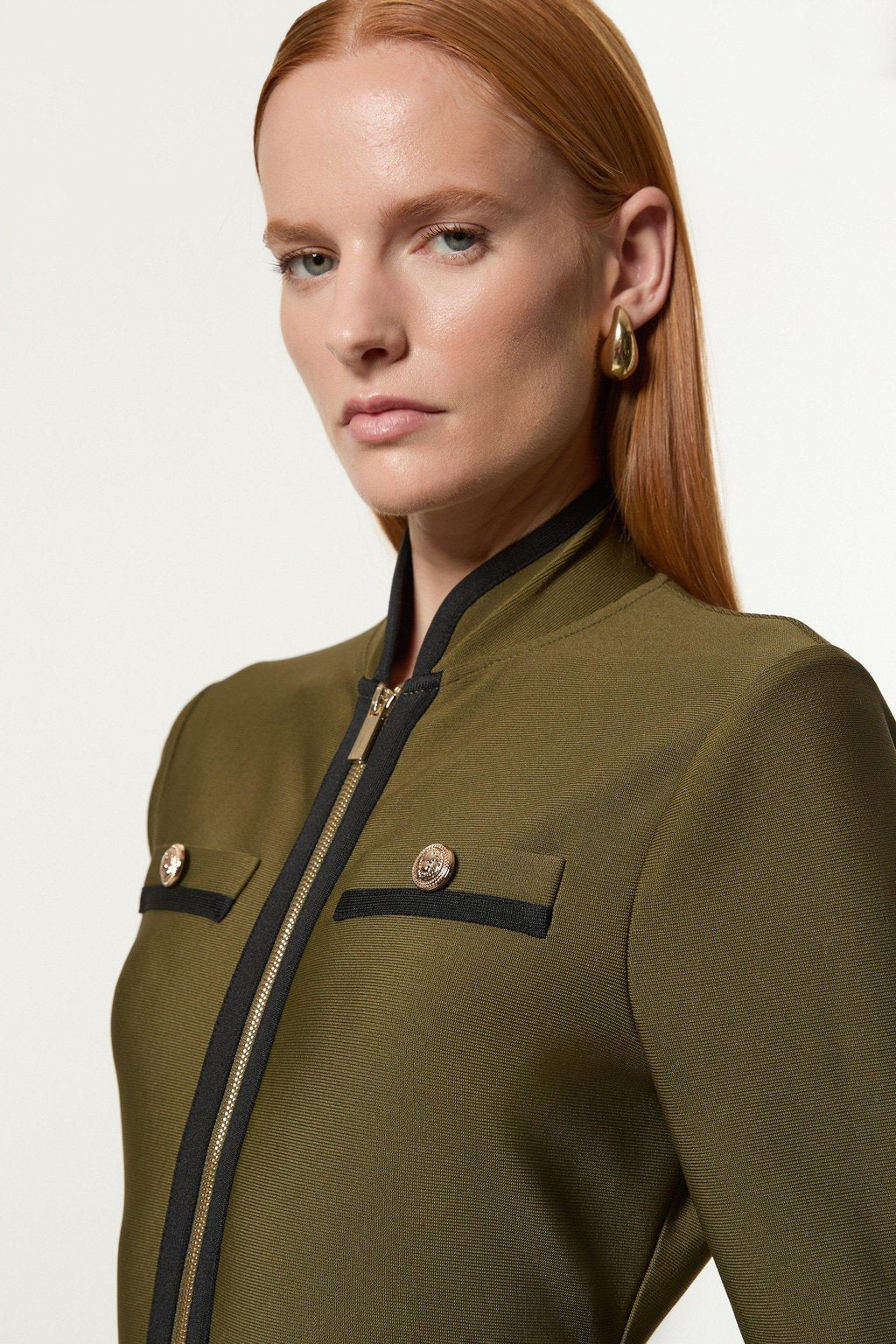 Figure Form Bandage Knit Piping Detail Military Dress