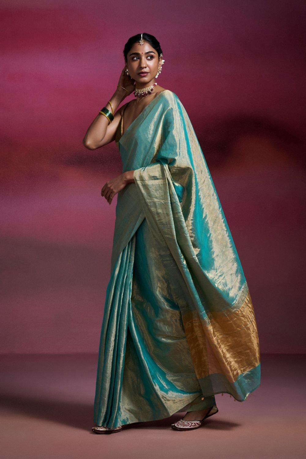 Sky Blue Handwoven Tissue Saree on Gold Base