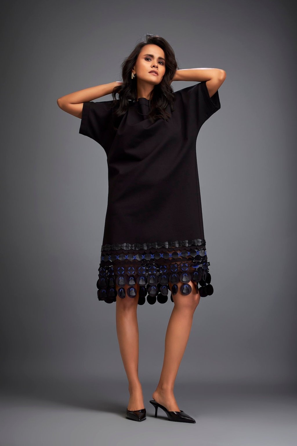 Structured Dress with Leather Applique Hem and Belt