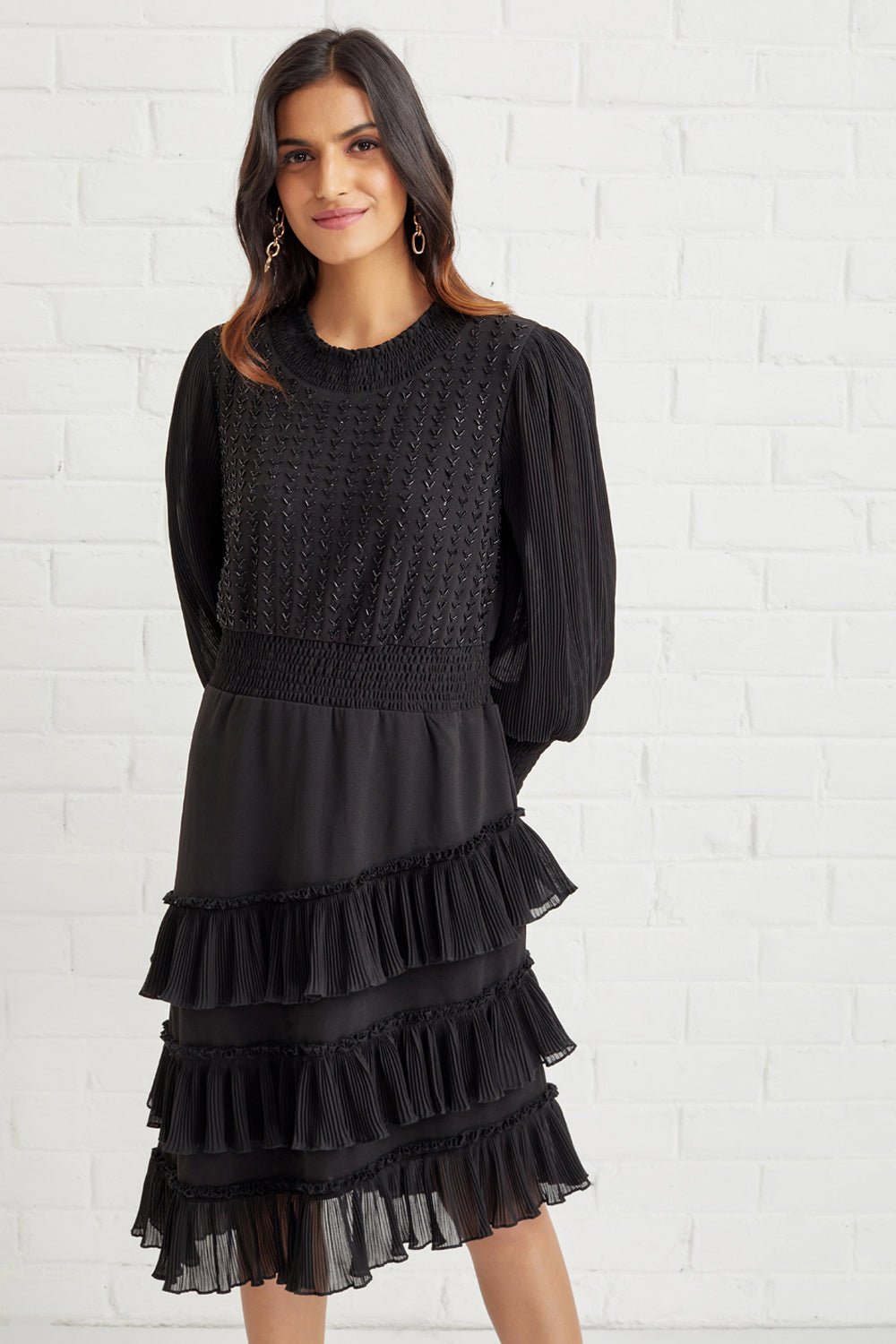 Hand Embellished Asymmetrical Pleated Ruffle Dress
