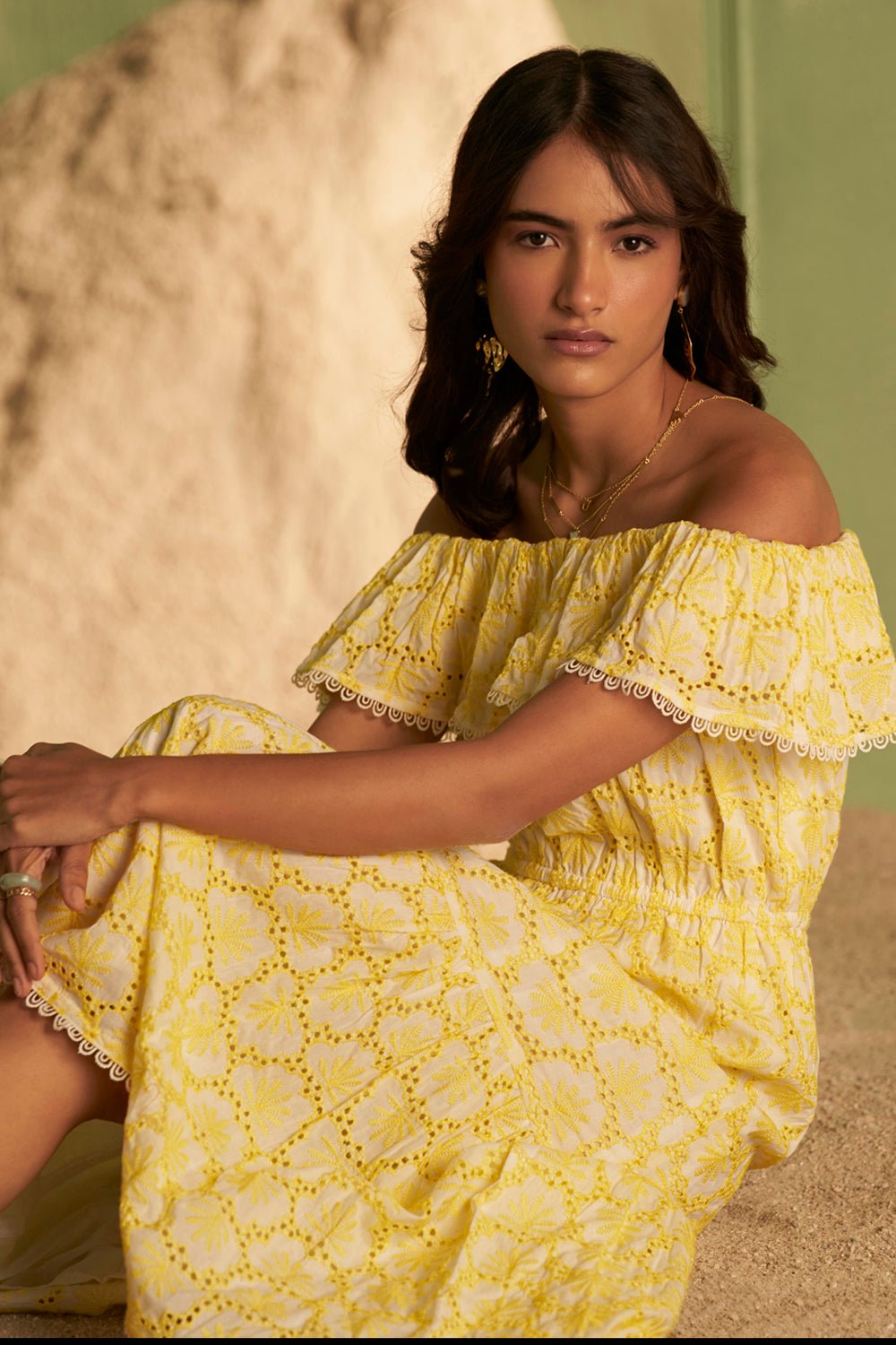 Sunkissed Eyelet Lace off the Shoulder Midi Dress
