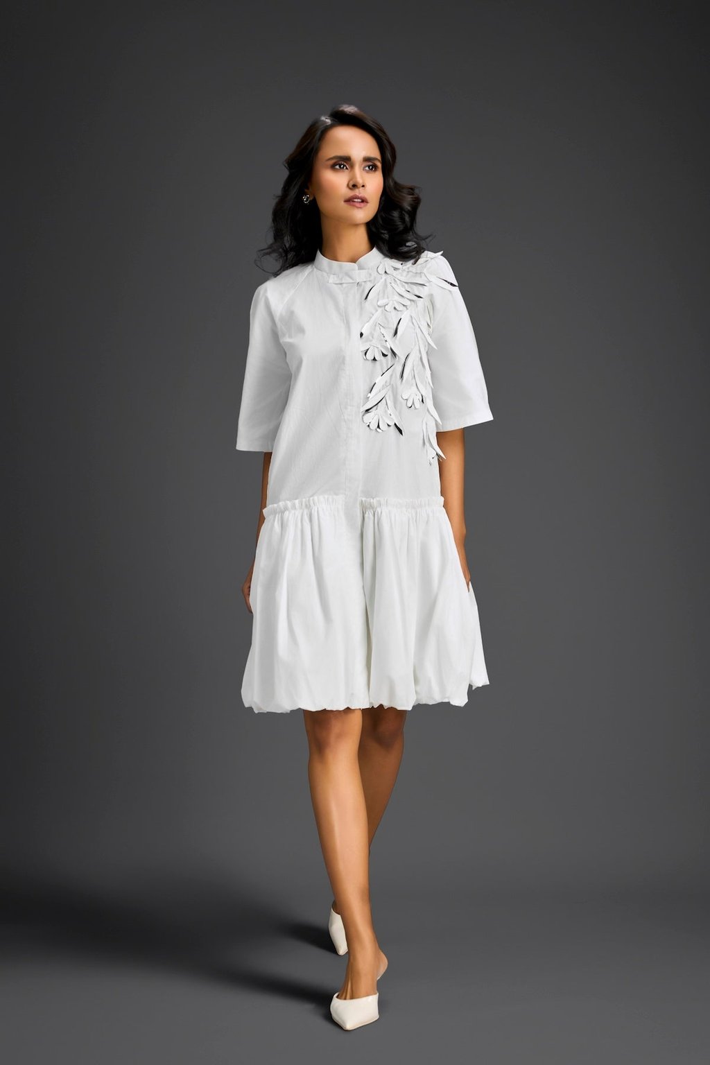 3d Floral Embellished Puff Sleeve Dress