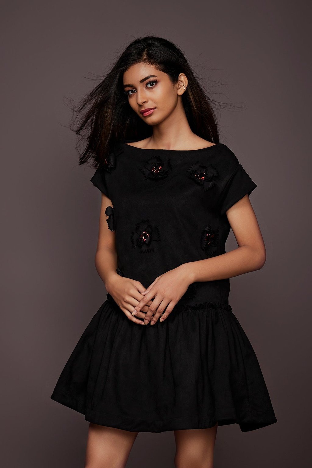 Black Suede Embroidered Short Dress
