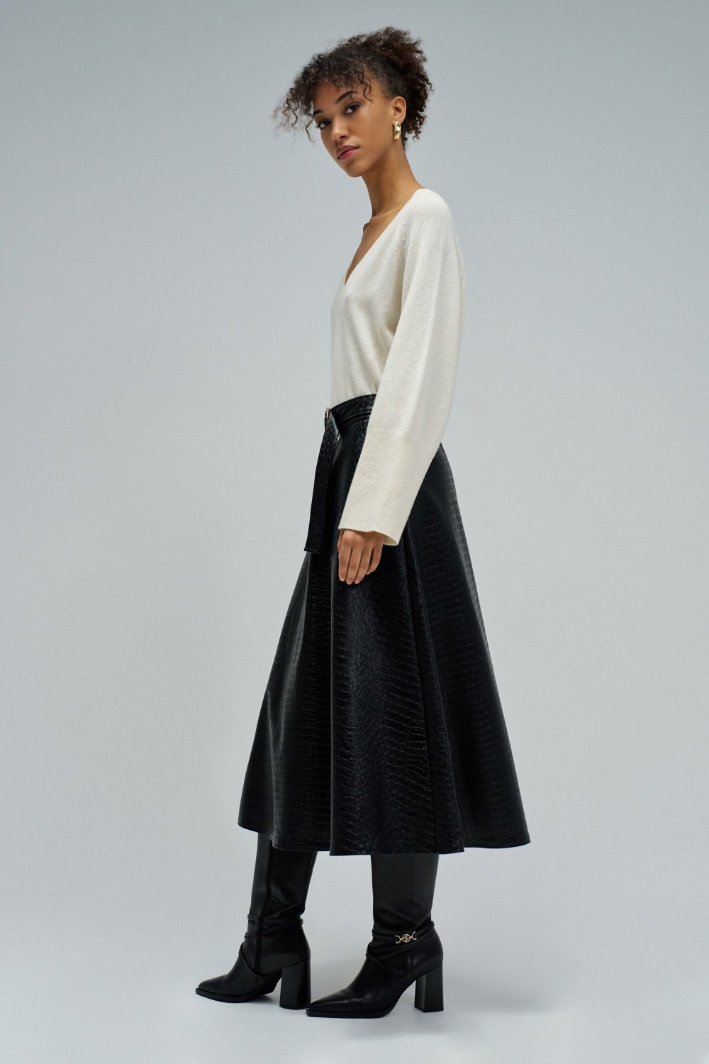 Faux Leather Midi Skirt with Belt