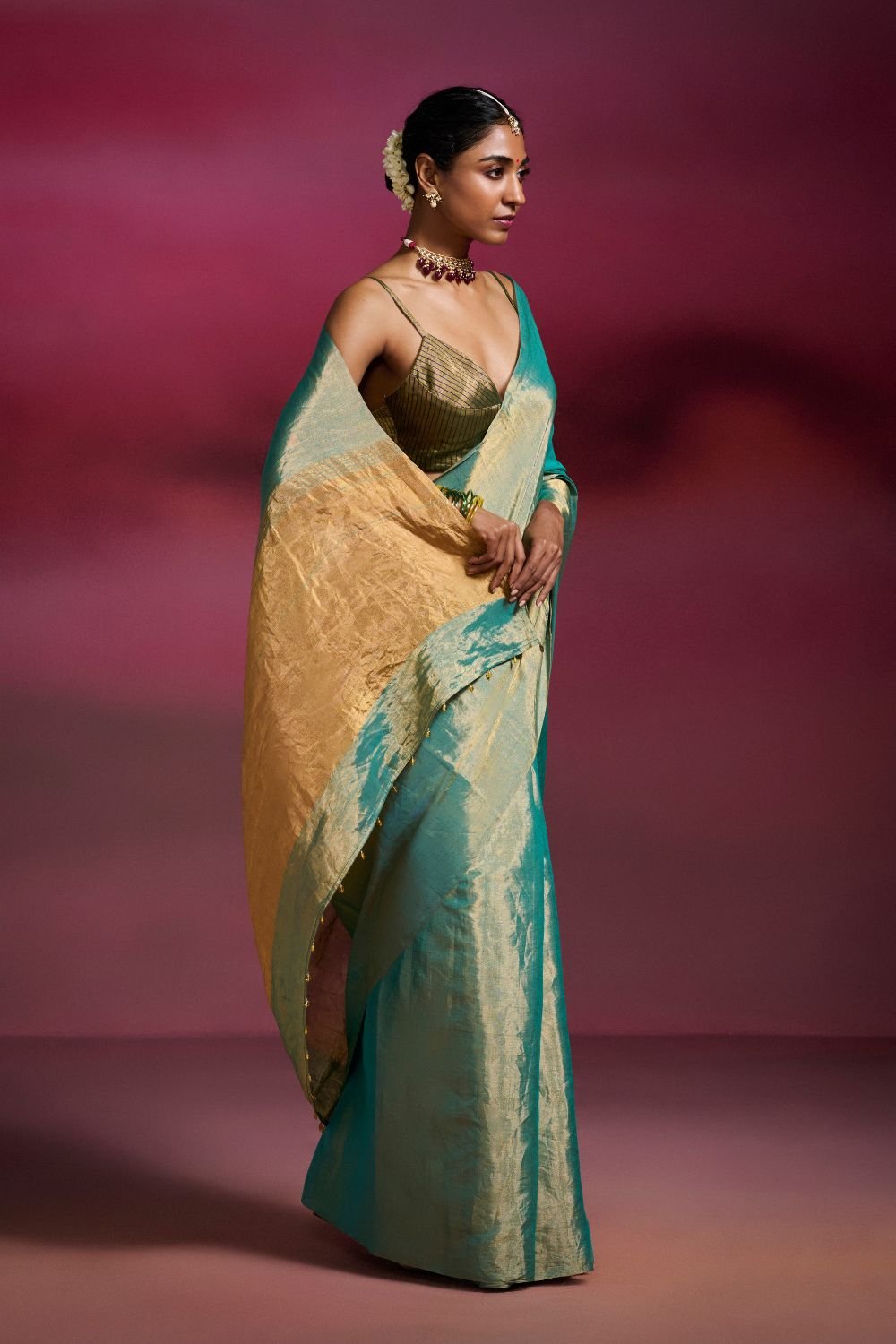 Sky Blue Handwoven Tissue Saree on Gold Base