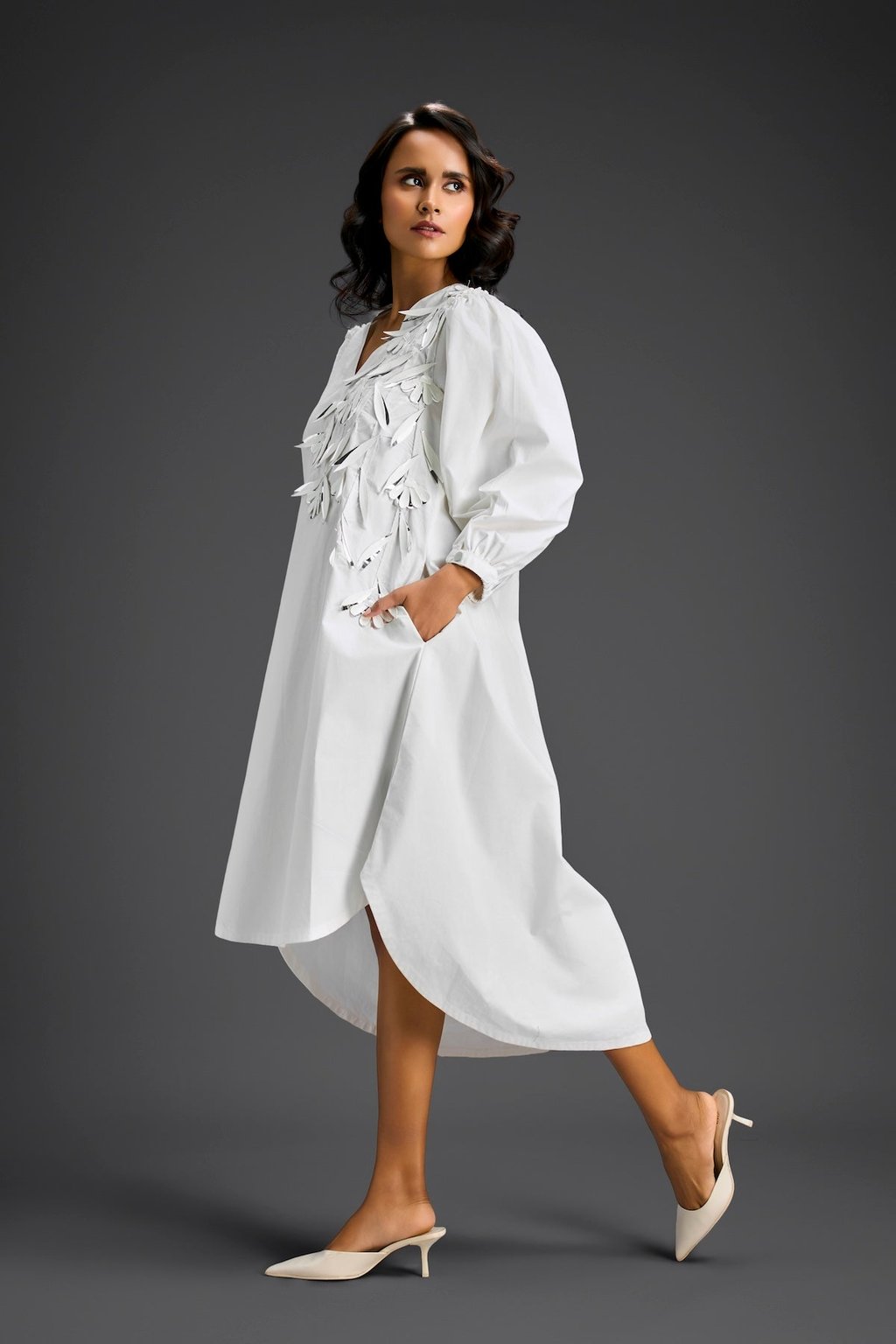 White Embellished Puff Sleeve High-Low Dress