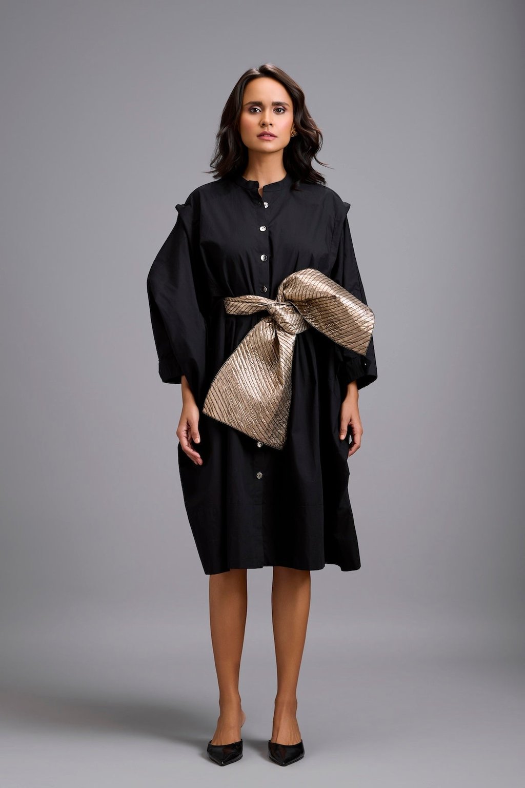 Button-Down Midi Dress with Bow Belt